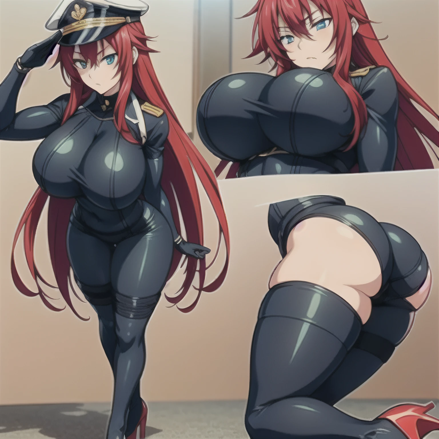 Rias gremory , long hair, huge breasts, huge ass, wide hips, expressionless, bodysuit, platform heels, hypnotized, garrison cap, saluting, standing at attention, looking at you, full body shot, thick thighs, HD, 4K, high details, full body shot, symbol-shaped pupils, heart-shaped pupils, red hair, muscle girl, SMS-uniform, full body, UHD, masterpiece, ccurate, anatomically correct, textured skin, high quality, high details, super detail, award winning, best quality, highres, 4K, HD