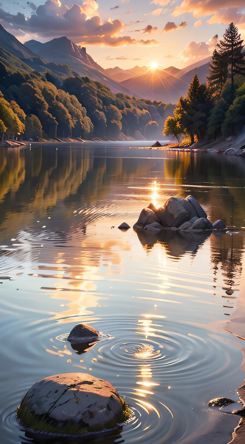 Imagine a serene landscape, with calm and crystal clear waters reflecting the last rays of sunshine of the day. The sky is painted in shades of orange, pink and gold, creating a magical and tranquil atmosphere. The gentle breeze caresses your face as you contemplate this scene. In this scenario, you feel God's presence in a deep and comforting way. The harmony between the colors of the sky and the reflection in the waters conveys a sense of unity between the divine and nature. It is as if God is present in every ray of sunshine that is reflected in the water, enveloping everything with love and peace. God's presence is felt in the serenity of the landscape, in the stillness of the waters and in the spectacle of the sunset. It is as if God Himself is painting the sky and blessing the world with His beauty and grace. It is a sacred time to connect with the divine, to find inner peace and to renew faith. Water represents life and purification, and in this landscape, it is a reminder of God's care for us. Just like cleansing and refreshing water, God purifies and renews us with His presence and unconditional love. In the presence of God, the waters become a symbol of healing and spiritual renewal. In this landscape of a morning with the sunset, in the tranquil waters, the presence of God is intensely felt. It is a time to connect with the divine, to reflect on His greatness, and to feel enveloped by His peace and love. It's a scene that inspires gratitude, reverence, and trust in God's constant presence in our lives. --auto