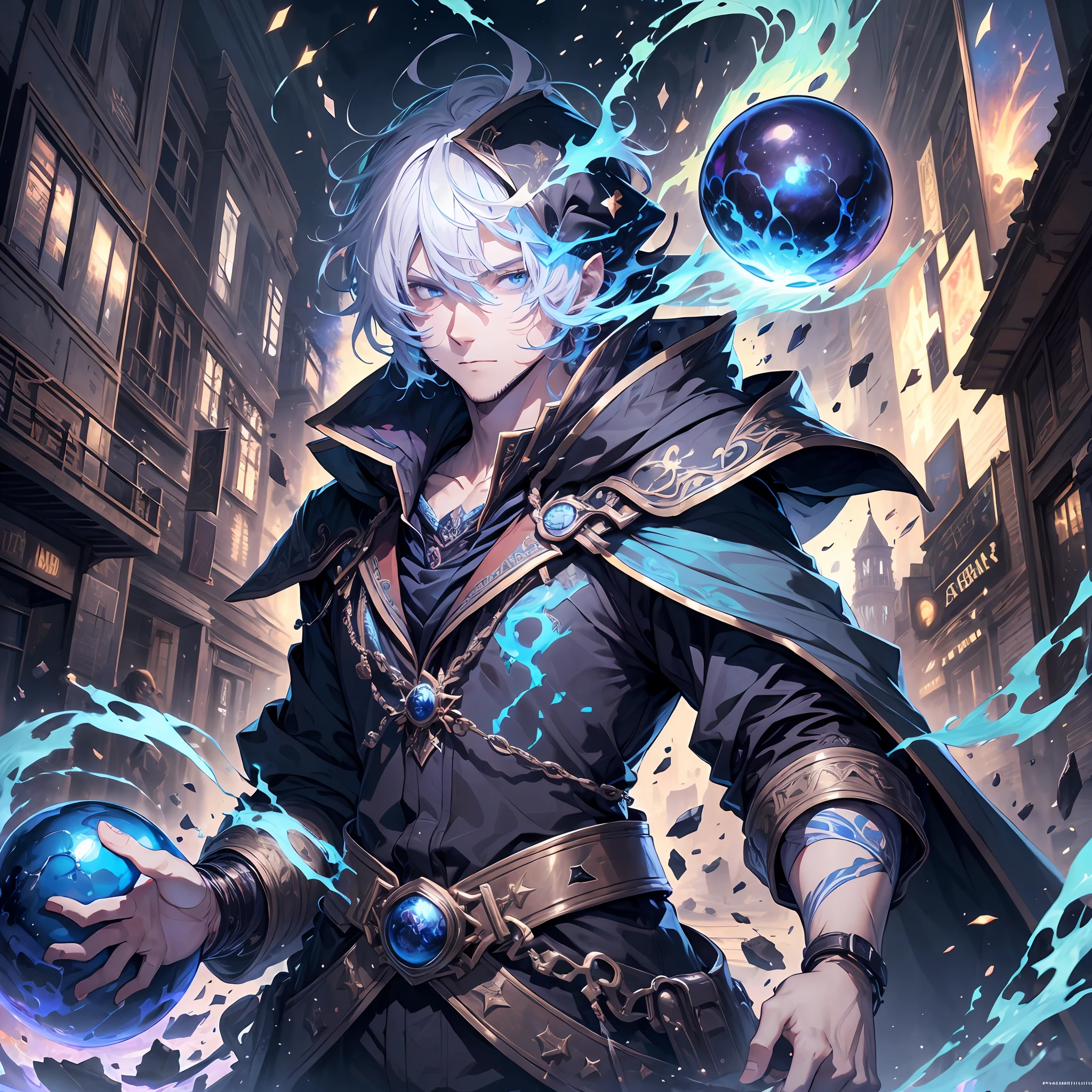 (ridiculous, high resolution, super detailed), masterpiece, best quality, a man dressed in black and a red cloak holding a blue sphere, a sphere surrounded by blue flames, official character art, short hair, white hair, blue eyes, fine eyes, detailed face, detailed hair, ruined city, dark background, sparks, swirl, swirl, celestial body, from below, looking down, cowboy shot,