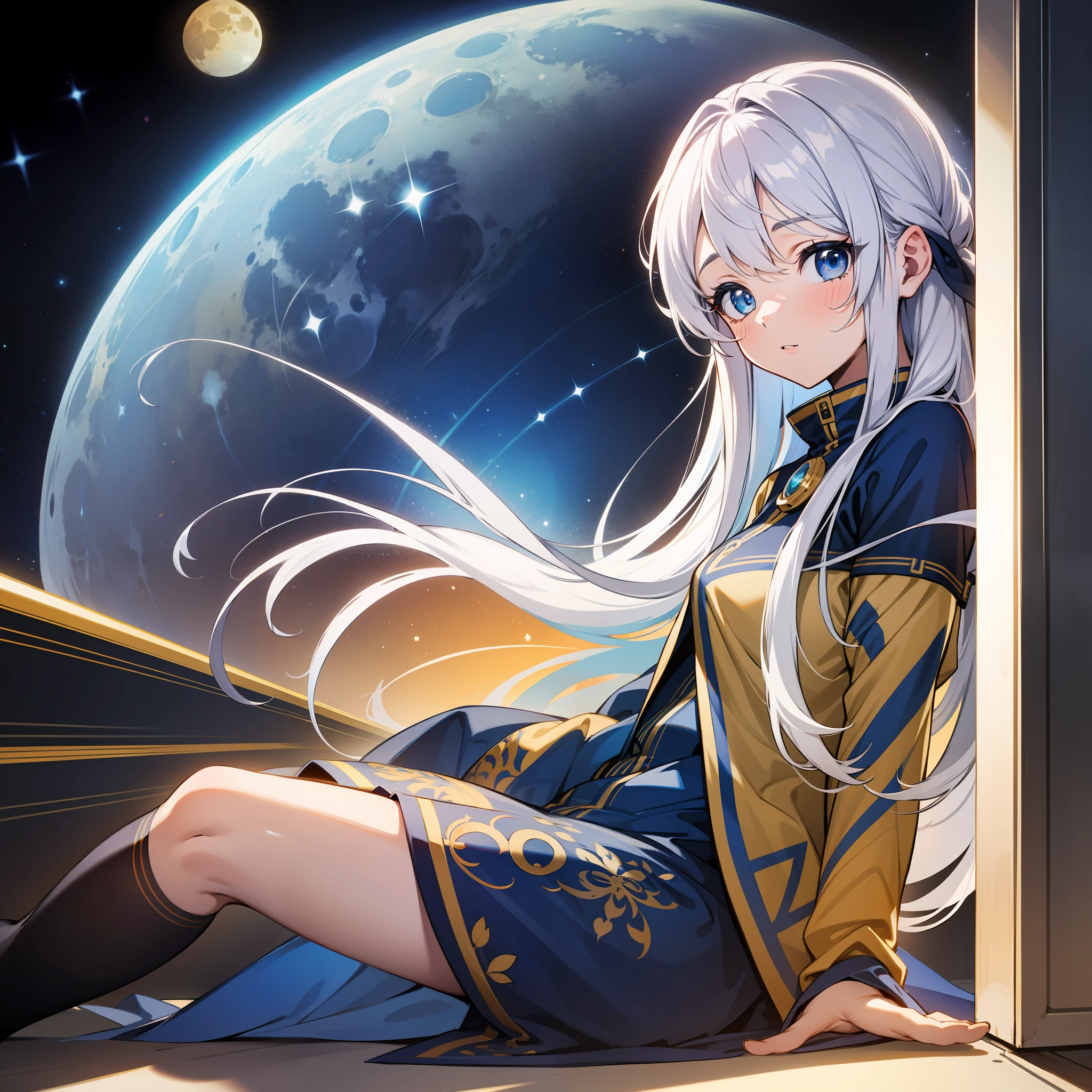 Wariza, wariza sitting position, 1girl, silver hair, blue eyes, space background, yellow moon, corridor,