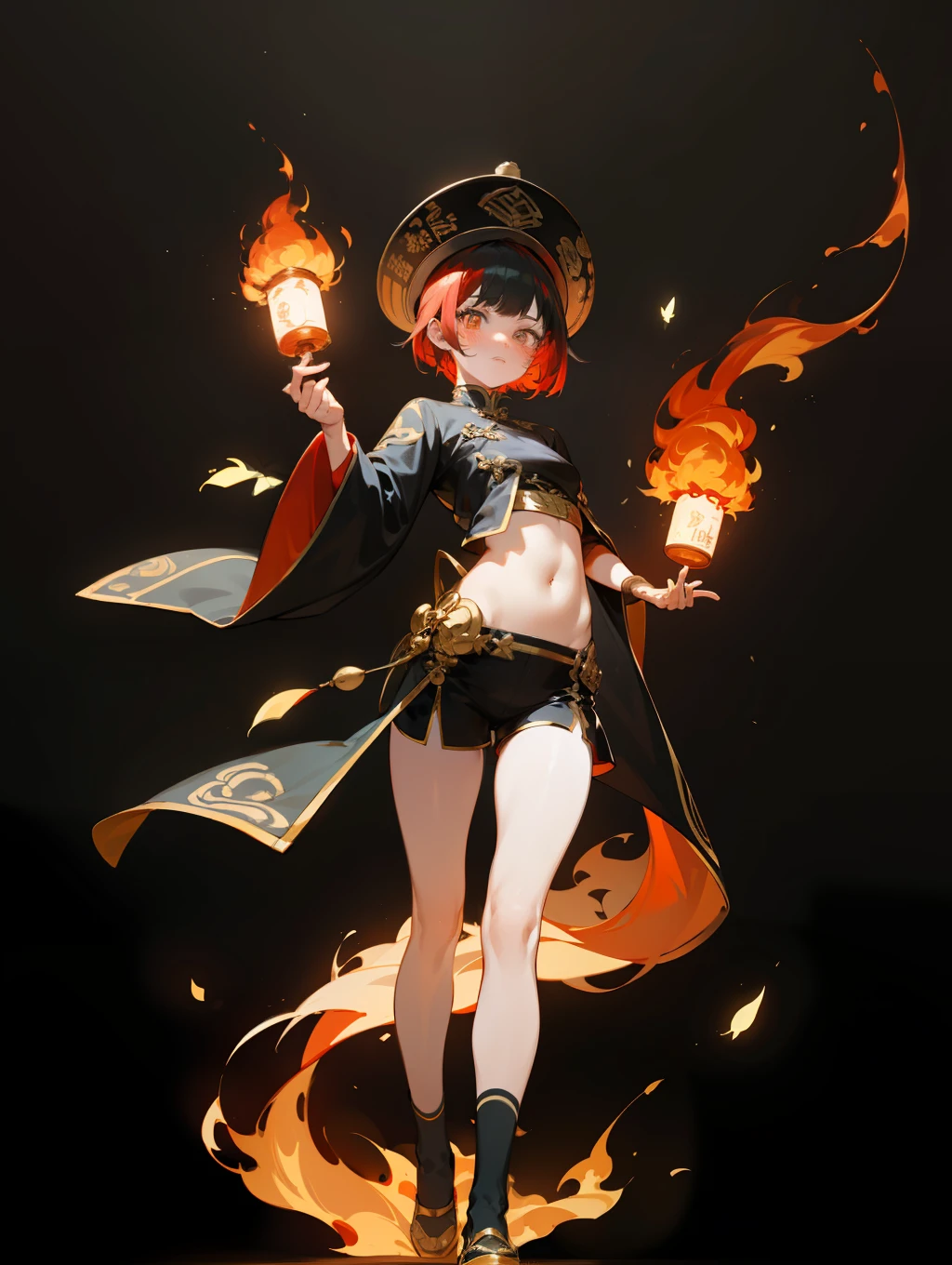 (best quality), {masterpiece}, {extremely detailed}, {ultra-detailed}, {highres}, {absurdres}, 1girl, solo, anime, full body shot, (black chinese clothes, hat with gold plate and spider lily, black shorts, white socks ), (multicolored hair, black hair, fire hair, red hair), black background, fire particles, holding a glowing lantern, fire butterfly, (finely detailed beautiful face and eyes), blush, (exposed belly), cowboy shot, ((full body))
,