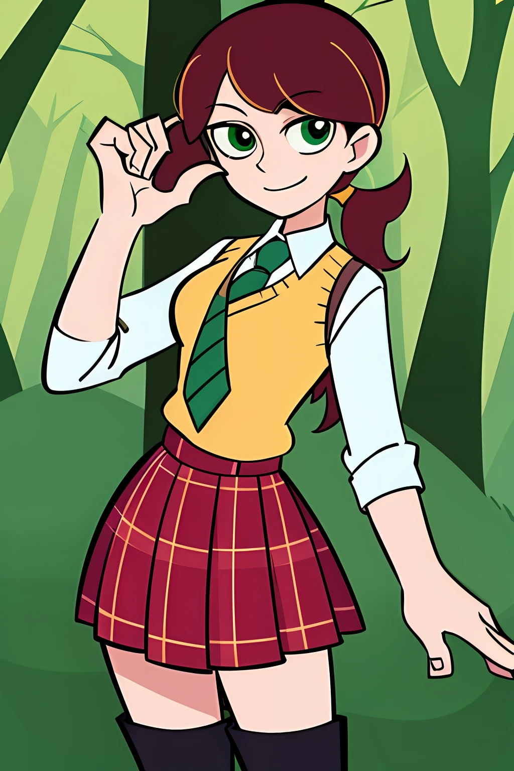 (cartoon), light smile, Schoolgirl attire, white blouse with yellow sweater vest, green striped tie, red plaid skirt and black boots with white buckles, forest green eyes and ashy hair in a twin ponytail, (style of Gravity Falls)