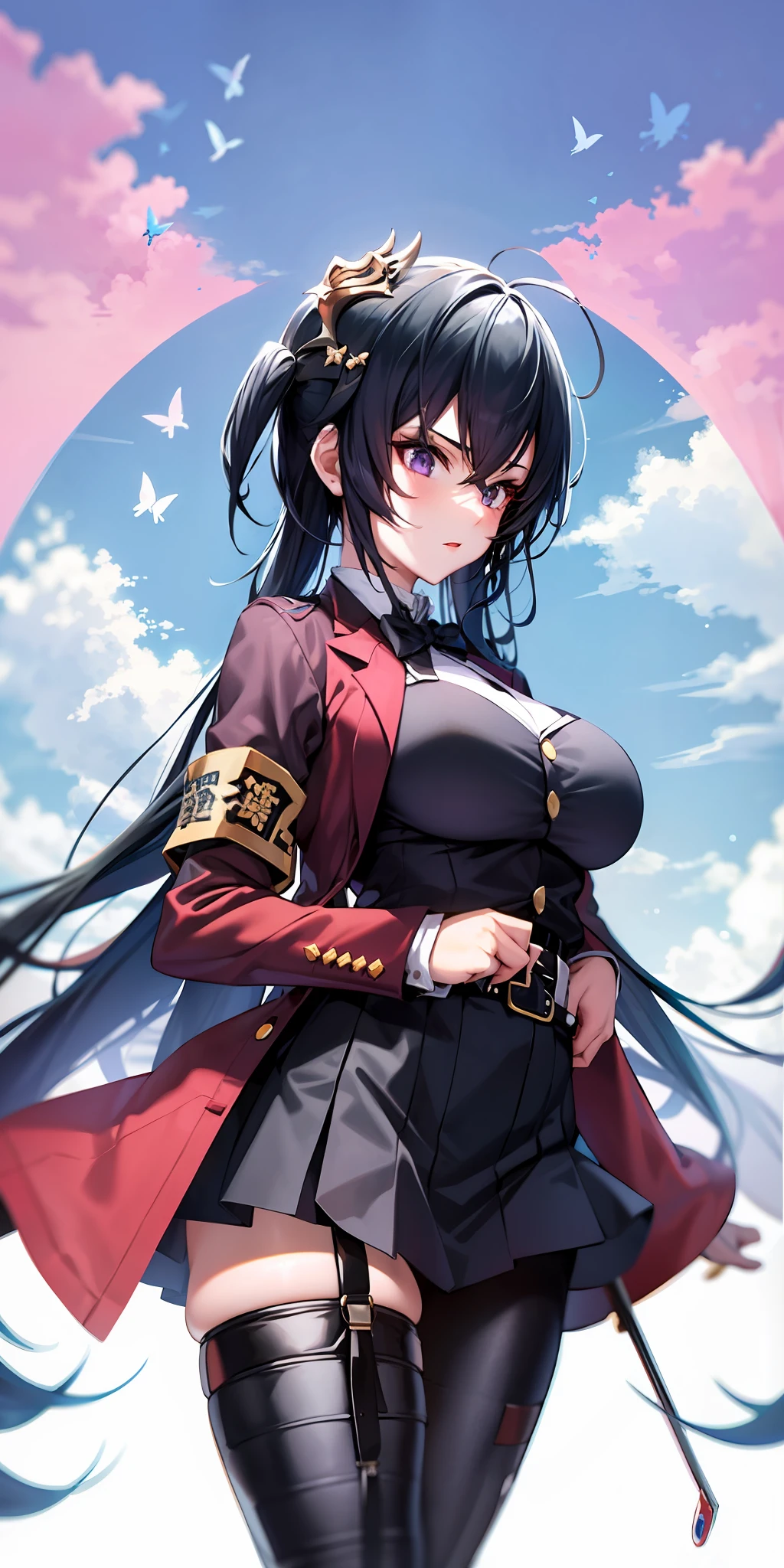 1 girl, masterpiece, (Shinobu Kojo) (best quality: 1.2), (Shinobu Koshu), multicolored hair, long sleeves, purple eyes, black jacket, high-waisted black pants, uniform, white haori, Japanese clothing, multiple butterflies, buttons, belt, lake, sunset, lens flare, perfect lighting, highest quality, hands behind the back, slender thighs, large breasts,