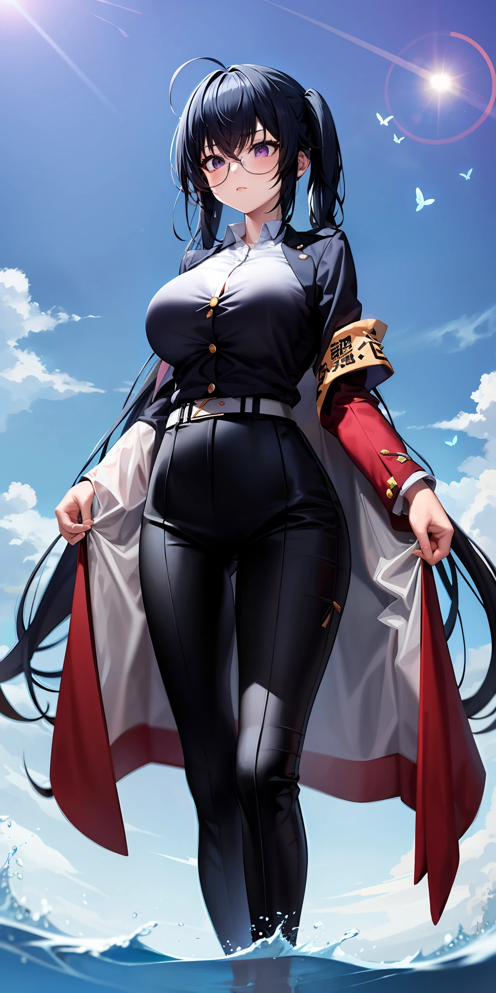1 girl, masterpiece, (Shinobu Kojo) (best quality: 1.2), (Shinobu Koshu), multicolored hair, long sleeves, purple eyes, black jacket, high-waisted black pants, uniform, white haori, Japanese clothing, multiple butterflies, buttons, belt, lake, sunset, lens flare, perfect lighting, highest quality, hands behind the back, slender thighs, large breasts,
