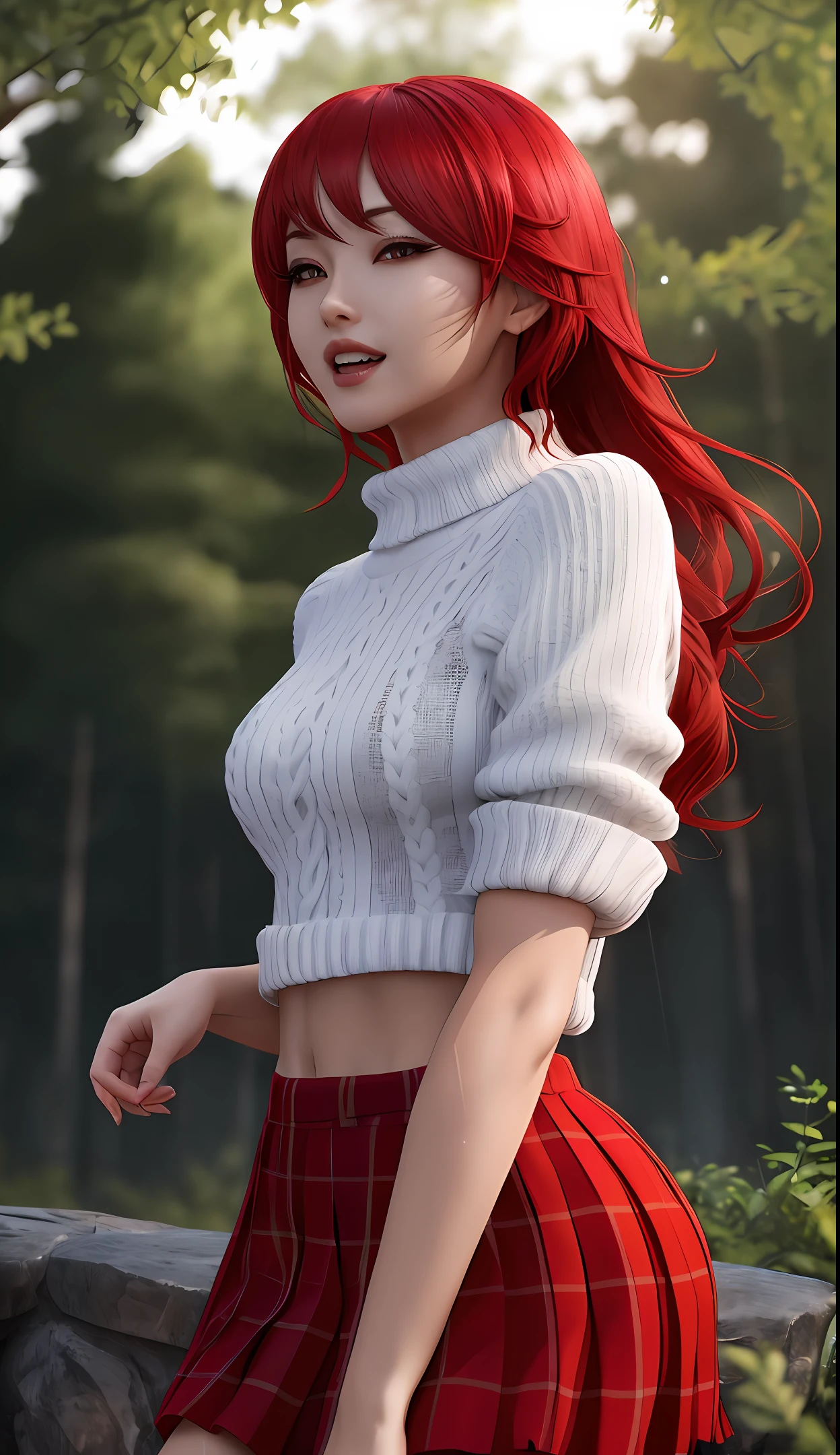(bare breasts: 0.2)best quality, ultra high res, (photorealistic:1.4), (red long hair:1.3), (azur lane\), 1girl, (Kpop idol), nsfw, slim body, looking at the viewer, cute, detailed face, counterparted, smooth skin, perfect anatomy, half transparent sweater, skirt with pure black pleated rips, forest landscape, night, rain, wet, professional lighting, no teeth