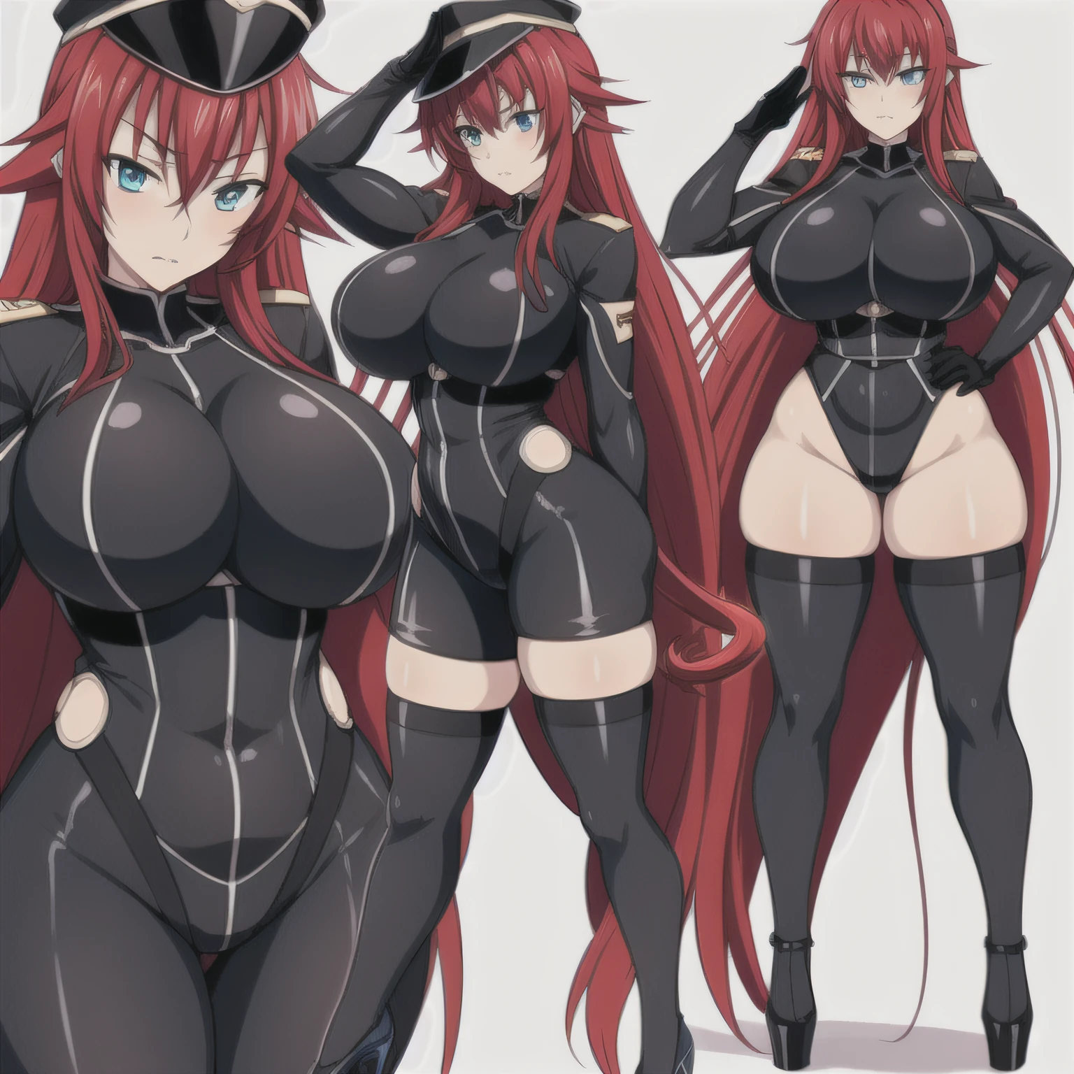 Rias gremory , long hair, huge breasts, huge ass, wide hips, expressionless, bodysuit, platform heels, hypnotized, garrison cap, saluting, standing at attention, looking at you, full body shot, thick thighs, HD, 4K, high details, full body shot, symbol-shaped pupils, heart-shaped pupils, red hair, muscle girl, SMS-uniform, full body, UHD, masterpiece, ccurate, anatomically correct, textured skin, high quality, high details, super detail, award winning, best quality, highres, 4K, HD