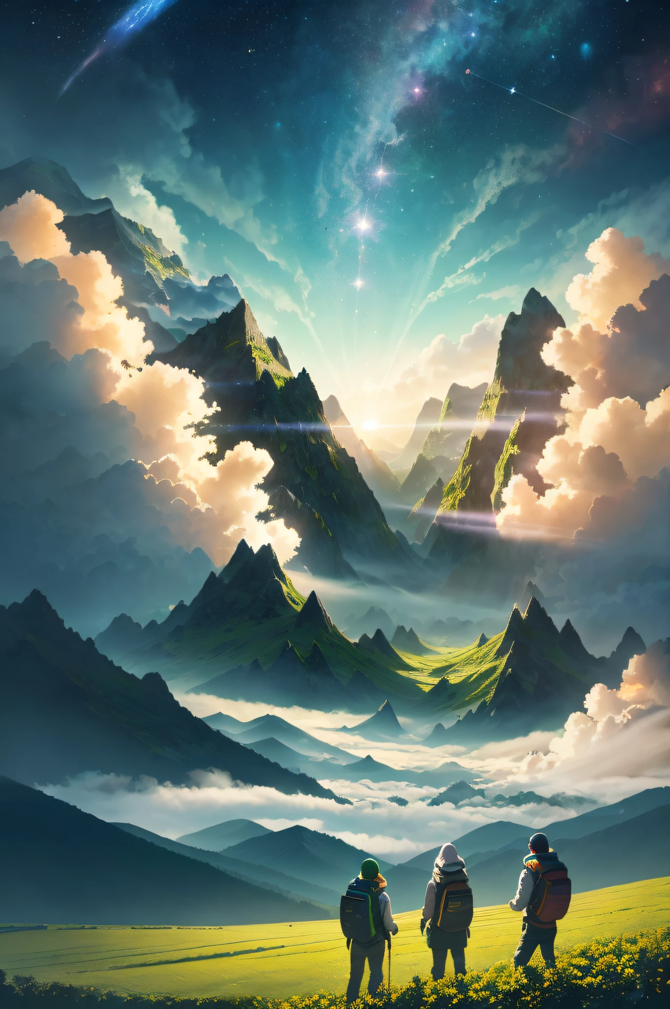 A giant planet Earth floating in space, twinkling lights, three people on their backs looking at planet Earth (sky like green fields surrounded by high mountains and clouds:1.3), particles in the air, rays of god, stars in the background, intricate fractals, detailed, (illustration), masterpiece, high resolution, better quality.