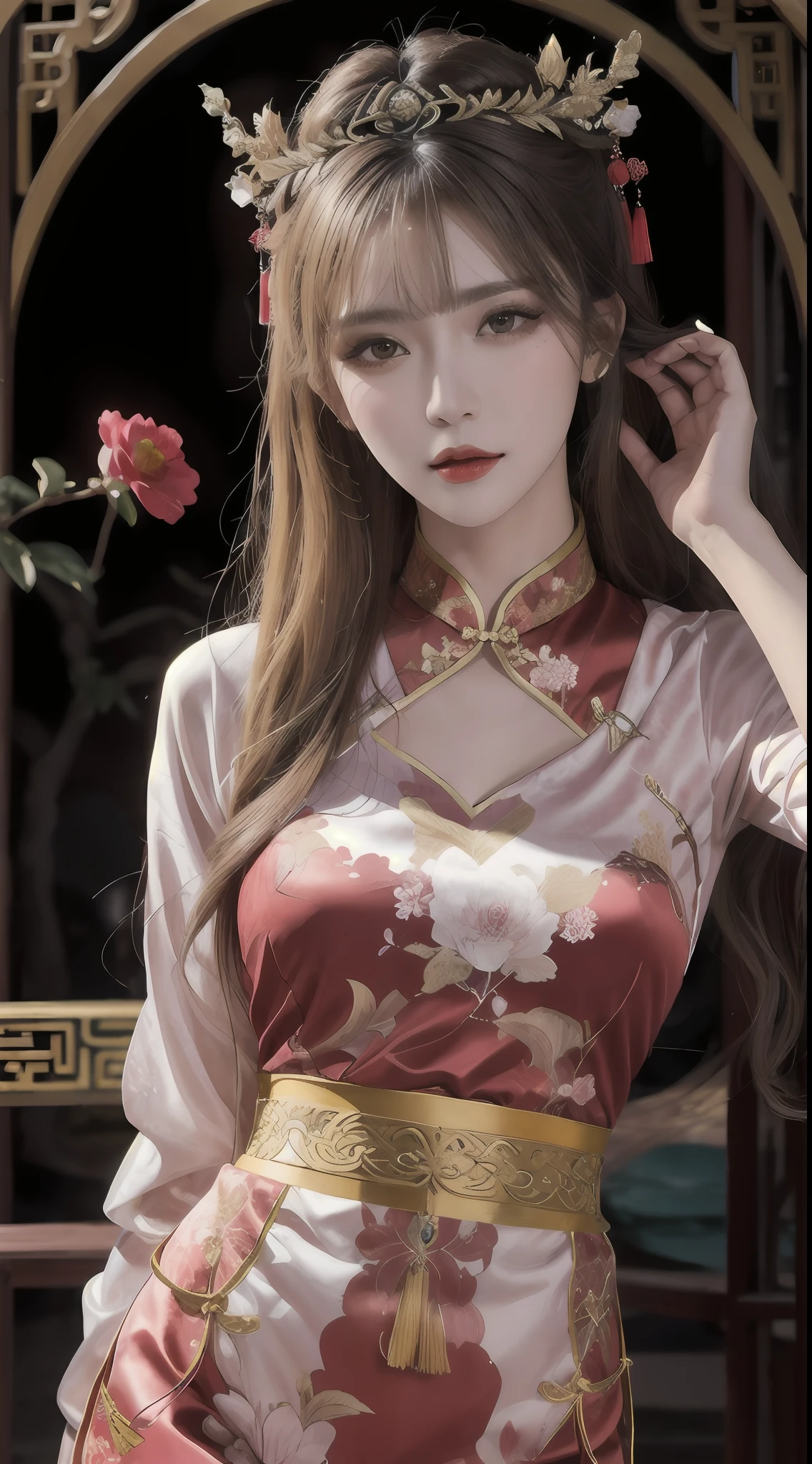 Woman wearing red and gold dress, flower background, palace, hanfu girl, wearing red cheongsam, chinese style, with ancient chinese costume, wearing ancient chinese costume, traditional beauty, Chinese Traditional, chinese girl, cheongsam, chinese costume, chinese princess, hanfu, chinese traditional clothing, chinese costume, 1 27-year-old girl, 1 zodiac goddess from the future, goddess of the pink and purple 12 zodiacs, the goddess of the zodiac in a yellow ao dai, a 12 zodiac ao dai with many black lace detail, mythology Goddess of the 12 zodiacs from the future, zodiac ♏, luxurious glittering zodiac style, dark and mysterious version, zodiac crown, lipstick lips red, thin and beautiful lips, mouth closed, characters made by karol bak and pino daeni, intricate detail, detailed background, extremely detailed, light magic, a woman, clear face, hair long with bangs, beautiful face in detail and well-proportioned eyes, (transparent yellow eyes: 1.8), big round eyes and very beautiful and detailed makeup, foresight, silk dress, mysterious makeup , double bangs and dyed light blonde , upper half portrait, zodiac goddess portrait, arms hanging loosely, Realistic and vivid photo, (stars make up the zodiac: 1.7), (sky background zodiac and fictitious space and time portal: 1.8), fiction art, RAW photo, hanfu picture, best photo, best photo quality, 8k quality, 8k ultra, super realistic, real photo most economical, the goddess poses sexy and seductive,