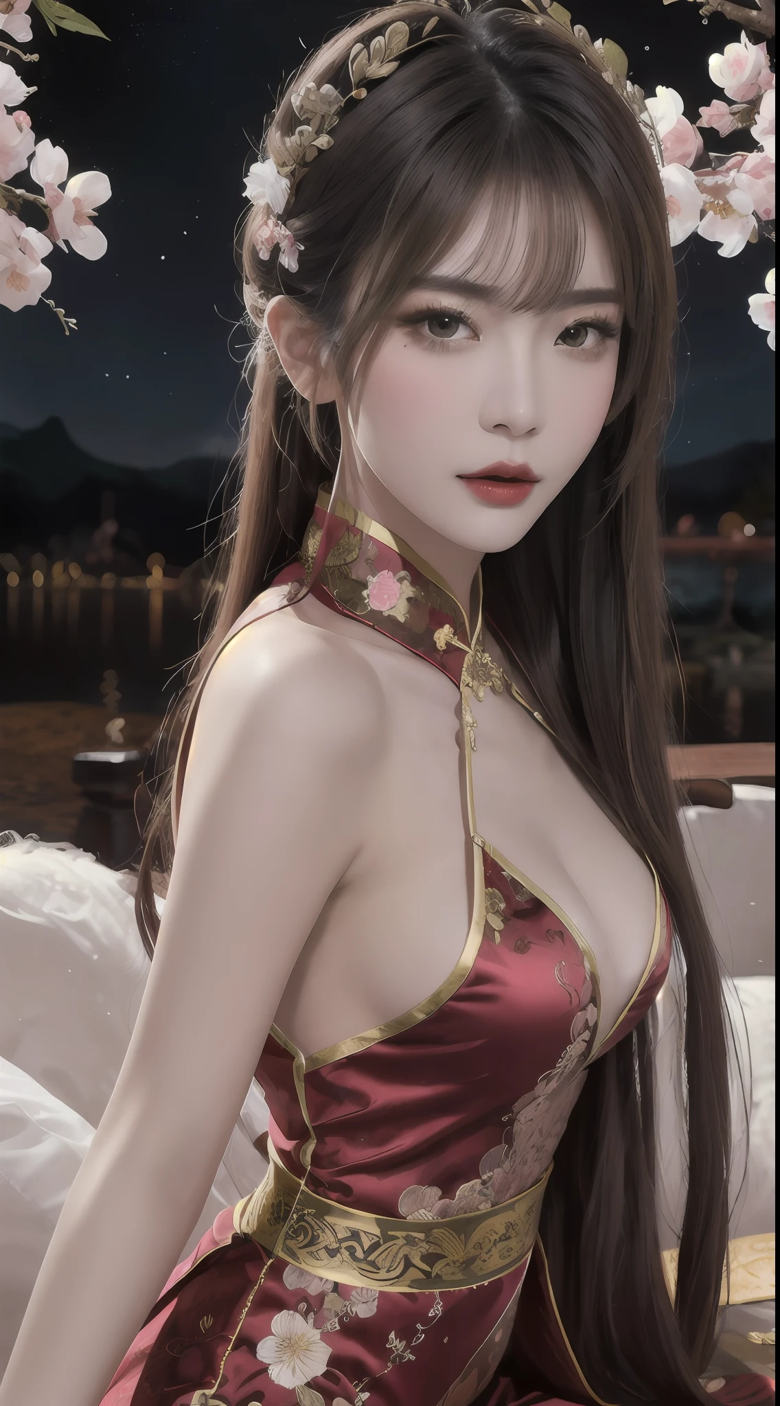 Woman wearing red and gold dress, flower background, palace, hanfu girl, wearing red cheongsam, chinese style, with ancient chinese costume, wearing ancient chinese costume, traditional beauty, Chinese Traditional, chinese girl, cheongsam, chinese costume, chinese princess, hanfu, chinese traditional clothing, chinese costume, 1 27-year-old girl, 1 zodiac goddess from the future, goddess of the pink and purple 12 zodiacs, the goddess of the zodiac in a yellow ao dai, a 12 zodiac ao dai with many black lace detail, mythology Goddess of the 12 zodiacs from the future, zodiac ♏, luxurious glittering zodiac style, dark and mysterious version, zodiac crown, lipstick lips red, thin and beautiful lips, mouth closed, characters made by karol bak and pino daeni, intricate detail, detailed background, extremely detailed, light magic, a woman, clear face, hair long with bangs, beautiful face in detail and well-proportioned eyes, (transparent yellow eyes: 1.8), big round eyes and very beautiful and detailed makeup, foresight, silk dress, mysterious makeup , double bangs and dyed light blonde , upper half portrait, zodiac goddess portrait, arms hanging loosely, Realistic and vivid photo, (stars make up the zodiac: 1.7), (sky background zodiac and fictitious space and time portal: 1.8), fiction art, RAW photo, hanfu picture, best photo, best photo quality, 8k quality, 8k ultra, super realistic, real photo most economical, the goddess poses sexy and seductive,