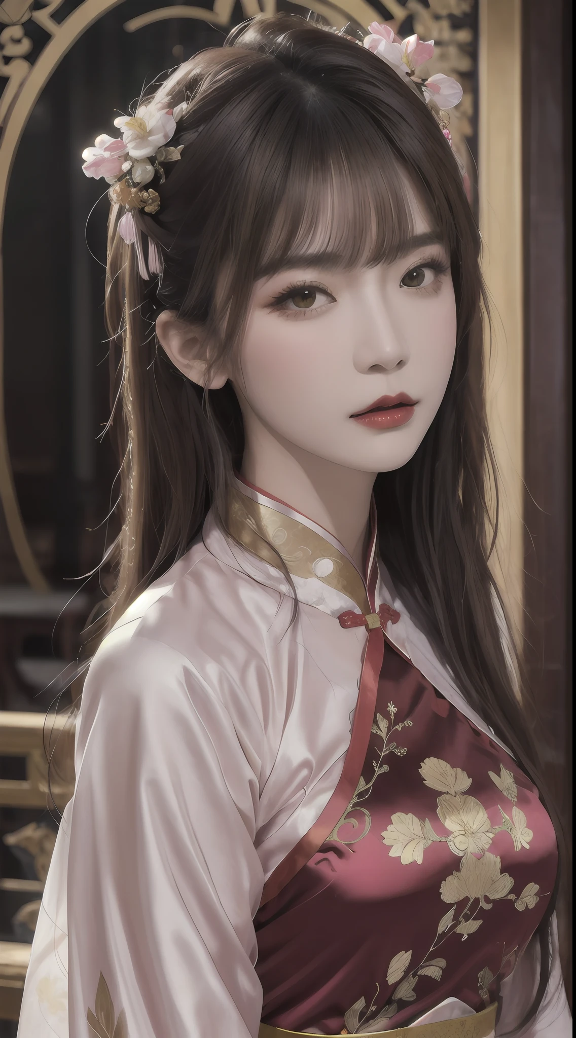 Woman wearing red and gold dress, flower background, palace, hanfu girl, wearing red cheongsam, chinese style, with ancient chinese costume, wearing ancient chinese costume, traditional beauty, Chinese Traditional, chinese girl, cheongsam, chinese costume, chinese princess, hanfu, chinese traditional clothing, chinese costume, 1 27-year-old girl, 1 zodiac goddess from the future, goddess of the pink and purple 12 zodiacs, the goddess of the zodiac in a yellow ao dai, a 12 zodiac ao dai with many black lace detail, mythology Goddess of the 12 zodiacs from the future, zodiac ♏, luxurious glittering zodiac style, dark and mysterious version, zodiac crown, lipstick lips red, thin and beautiful lips, mouth closed, characters made by karol bak and pino daeni, intricate detail, detailed background, extremely detailed, light magic, a woman, clear face, hair long with bangs, beautiful face in detail and well-proportioned eyes, (transparent yellow eyes: 1.8), big round eyes and very beautiful and detailed makeup, foresight, silk dress, mysterious makeup , double bangs and dyed light blonde , upper half portrait, zodiac goddess portrait, arms hanging loosely, Realistic and vivid photo, (stars make up the zodiac: 1.7), (sky background zodiac and fictitious space and time portal: 1.8), fiction art, RAW photo, hanfu picture, best photo, best photo quality, 8k quality, 8k ultra, super realistic, real photo most economical, the goddess poses sexy and seductive,