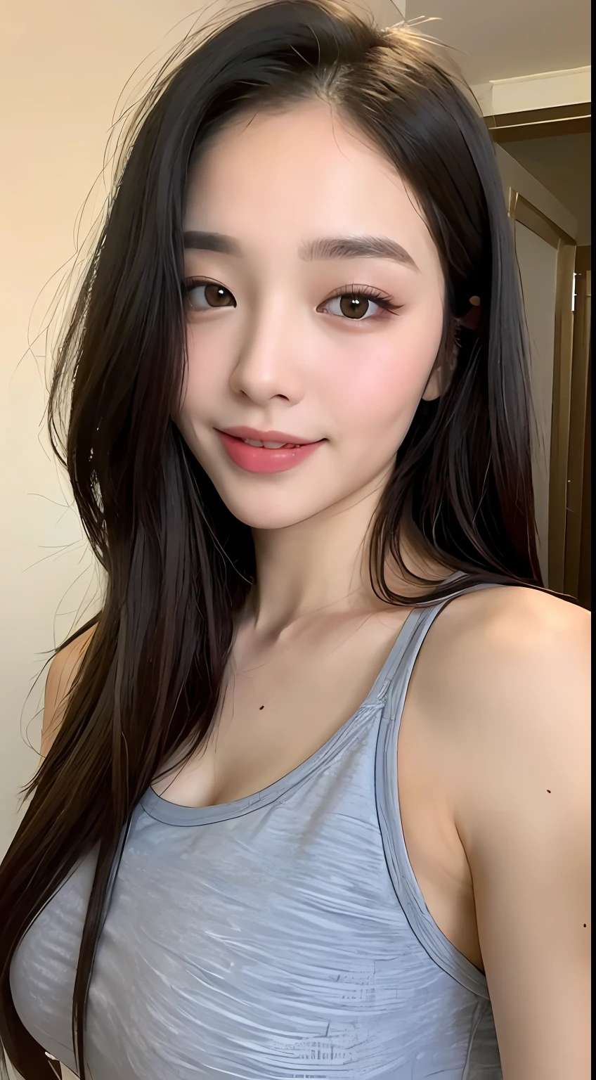 ((Best quality, 8k, Masterpiece :1.3)), 1girl, beautiful woman with emphasis on plump abs: 1.3, full body, (long hair, big breasts: 1.2), oversized tank top: 1.2, ultra-delicate face, delicate eyes, double eyelids, smile, home, random color clothes
