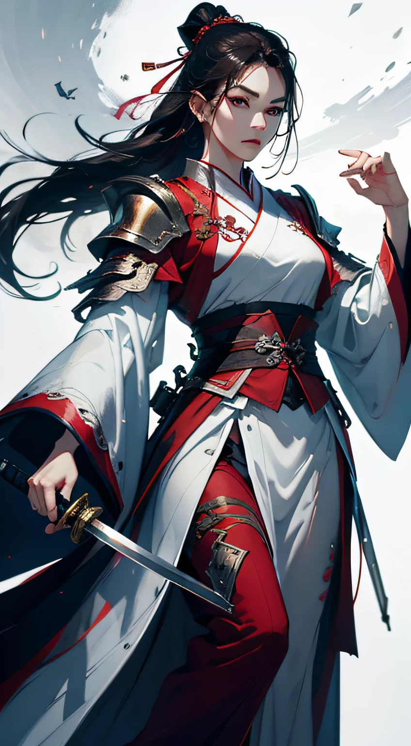 An ancient Chinese female general with a sword in her hand, grim expression, full body, clear facial features, amazing facial features, red robe, armor, boots, white background, game model, stunning lighting, C4D, OC rendering, movie edge light, delicate light, masterpiece, super detail, epic composition, super high-definition, high quality, highest quality, 32k