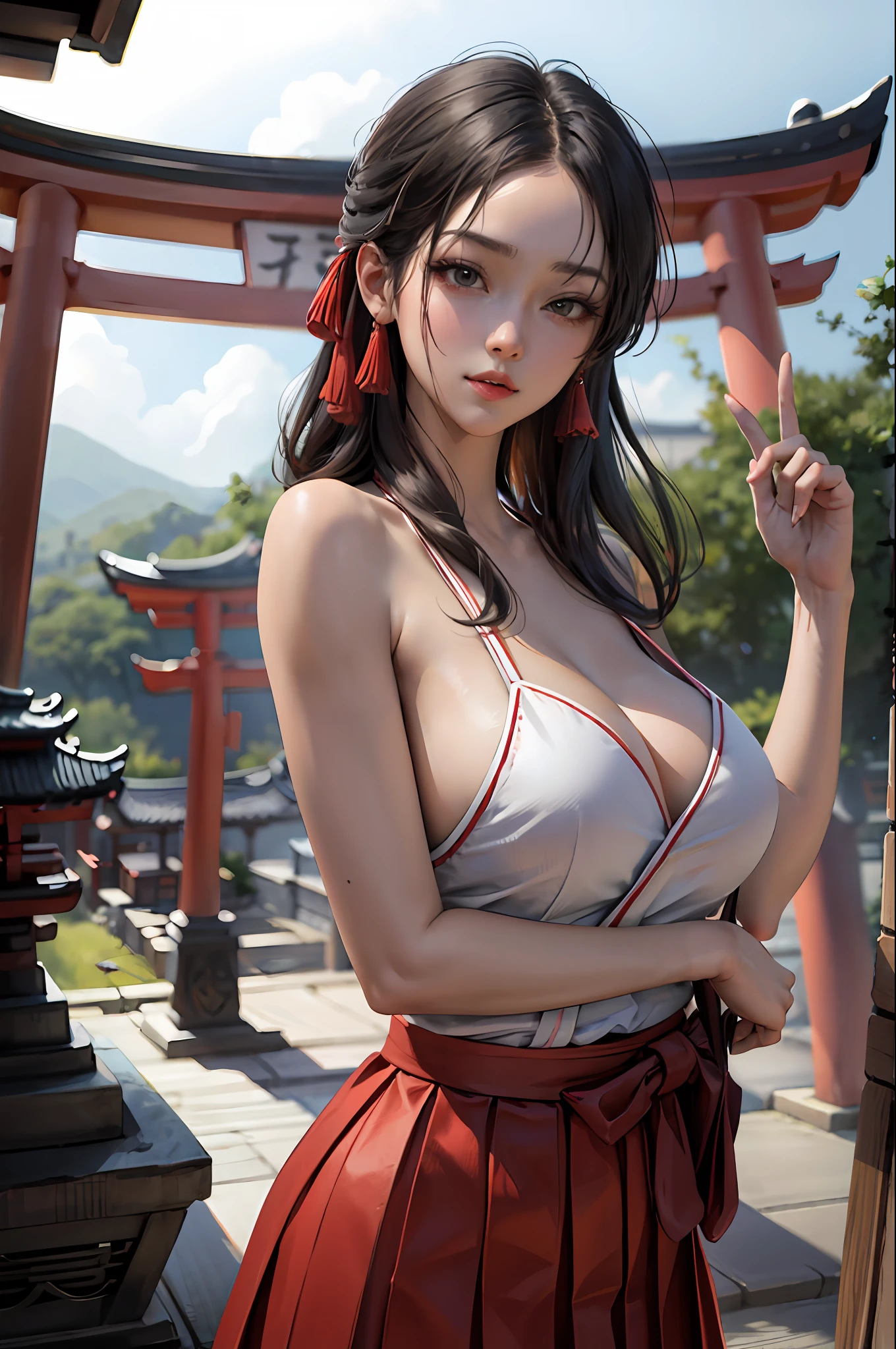 (masterpiece:1.2, best quality), (dinamic lighting) 1lady, solo, long hair, big breasts, hakama, red skirt, (shiny skin:1.2), upper body, torii, temple