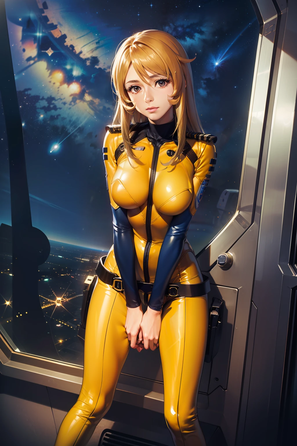 (masterpiece, best quality:1.2), (cowboy shot:1.1), solo, 1girl, mori yuki, slight smile, closed mouth, looking at viewer, blonde hair, thigh gap, (unzipped bodysuit:1.5), leaning forward, yellow bodysuit, skin tight, belt, large window, (starship porthole:1.3), from front, (spread legs:1.3), (standing:1.1), starship interior, (outer space view:1.1), (orbital view:1.3), (night, stary sky:1.5), milky way