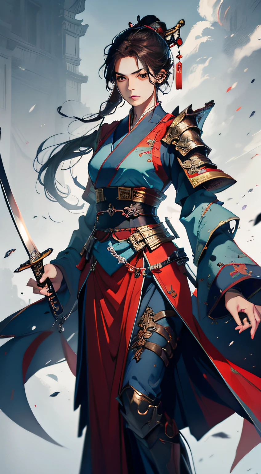 An ancient Chinese female general with a sword in her hand, grim expression, full body, clear facial features, amazing facial features, red robe, armor, boots, white background, game model, stunning lighting, C4D, OC rendering, movie edge light, delicate light, masterpiece, super detail, epic composition, super high-definition, high quality, highest quality, 32k