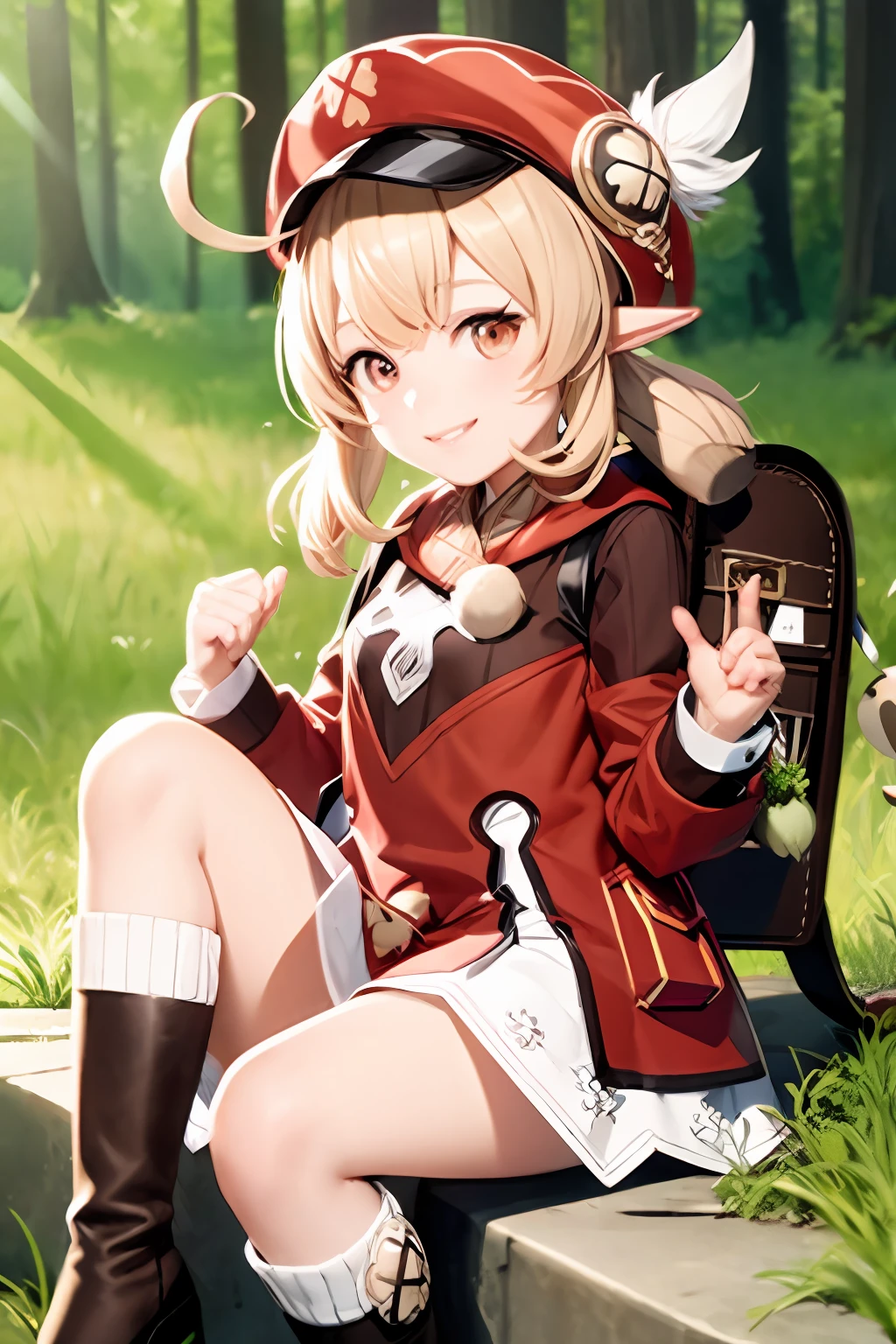 Masterpiece, Best Quality, 1girl, Smile, Red Hat, Pointed Ears, Backpack, Ahoge, Dress, Long Sleeve, Ribbed Legwear, Knee Boots, Dodoko\(Genshin Impact\), Jumpy Dumpty, Charm\(Object\), Forest Background, One Pagged