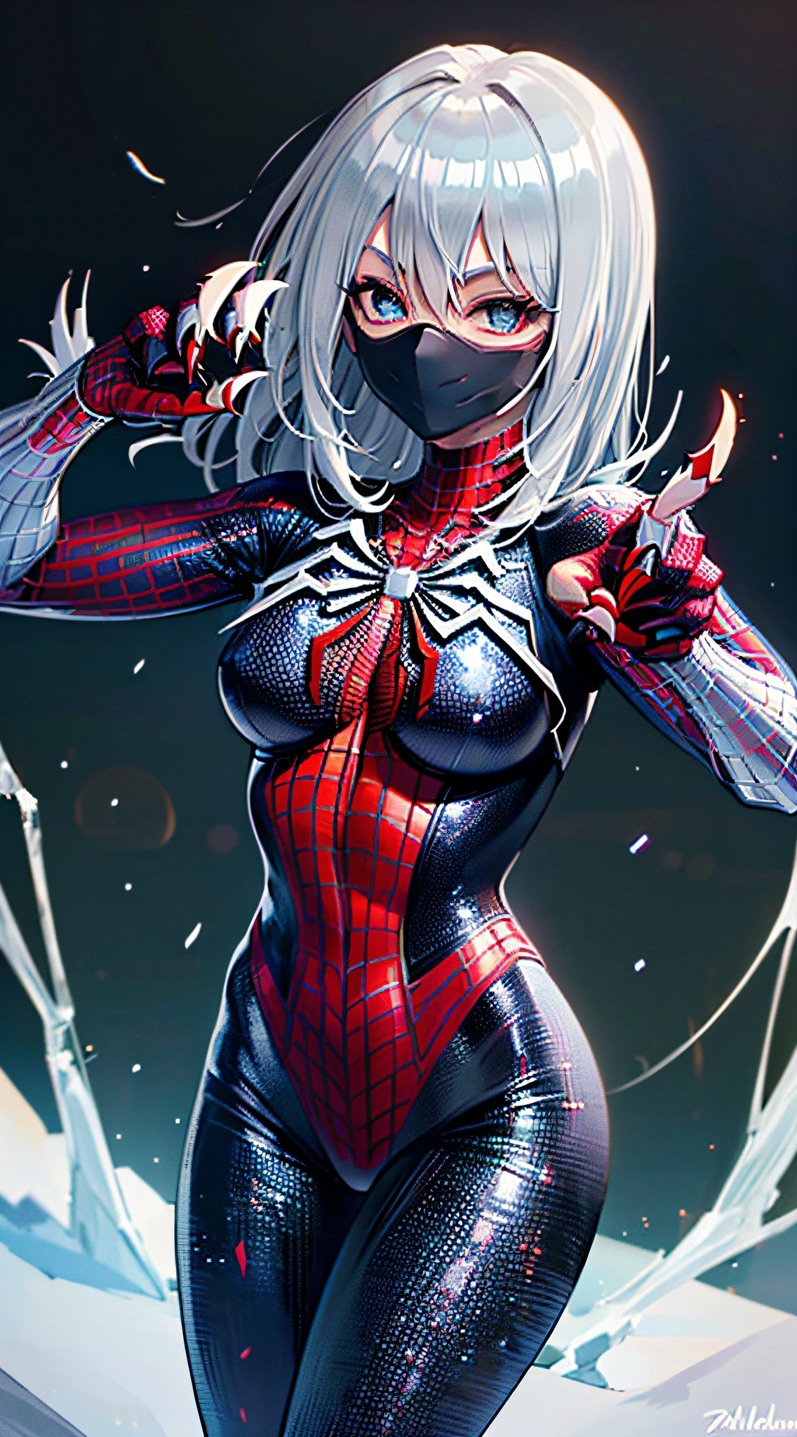 (masterpiece), (best quality), highres, kei1, 1girl, solo, ((Full spider-man mask covering face)), (((long gray hair))), (((wears a detailed black female spiderman costume with mask and she has a battle pose with sharp claws made of ice on her fingernails and has normal person arms))), spider web-shaped ribbon, bangs, long hair and price, collar bone, gray hair, black hair band, neck ribbon, hair between eyes, medium-sized breasts, cowboy shot, smile, ((detailed anatomically correct body with detailed hands without errors)), ((She has battle pose with sharp claws made of ice)), (she is shooting spider webs like spider-man but with sharp ice), (escenario complete detallado)