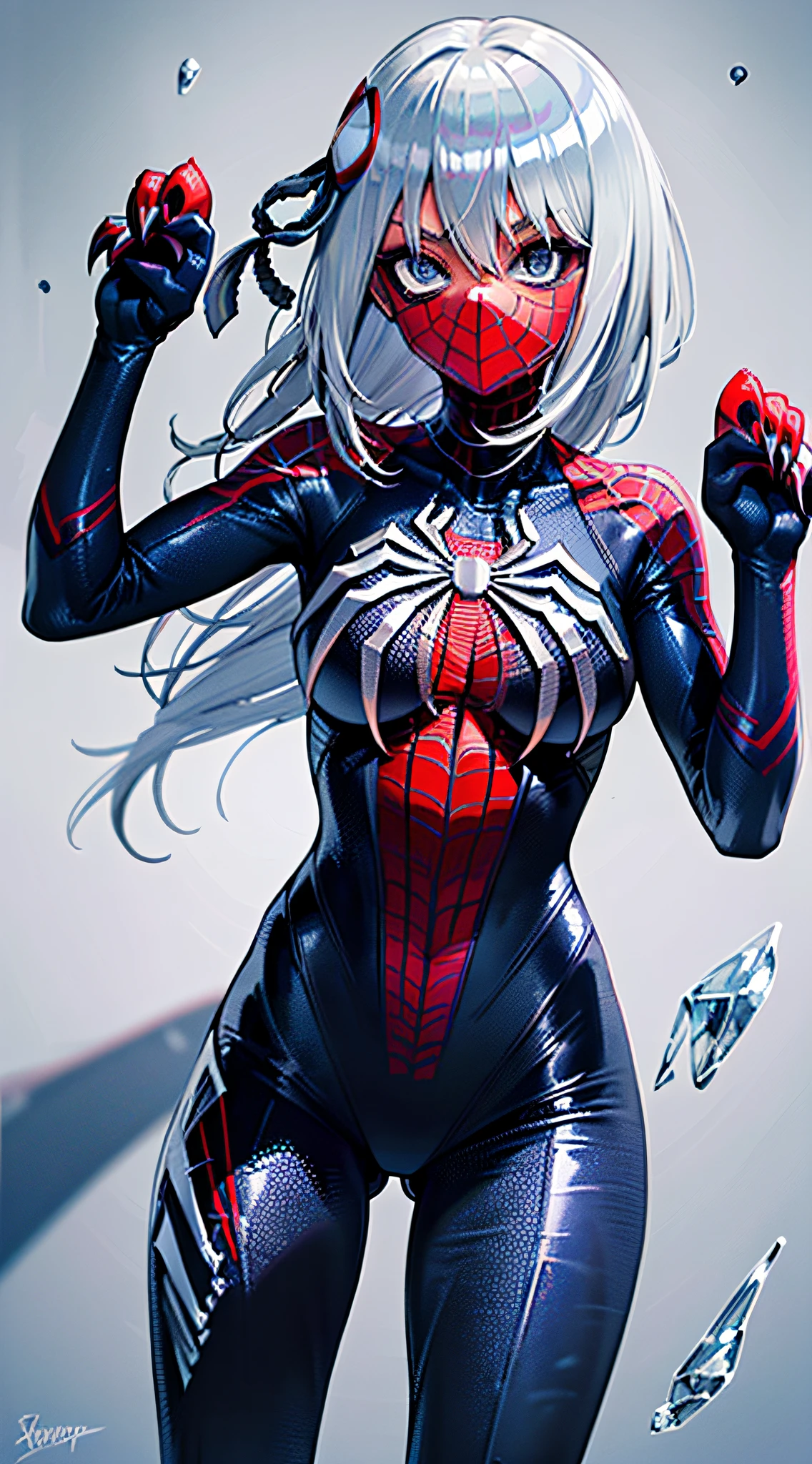 (masterpiece), (best quality), highres, kei1, 1girl, solo, ((Full spider-man mask covering face)), (((long gray hair))), (((wears a detailed black female spiderman costume with mask and she has a battle pose with sharp claws made of ice on her fingernails and has normal person arms))), spider web-shaped ribbon, bangs, long hair and price, collar bone, gray hair, black hair band, neck ribbon, hair between eyes, medium-sized breasts, cowboy shot, smile, ((detailed anatomically correct body with detailed hands without errors)), ((She has battle pose with sharp claws made of ice)), (she is shooting spider webs like spider-man but with sharp ice), (escenario complete detallado)