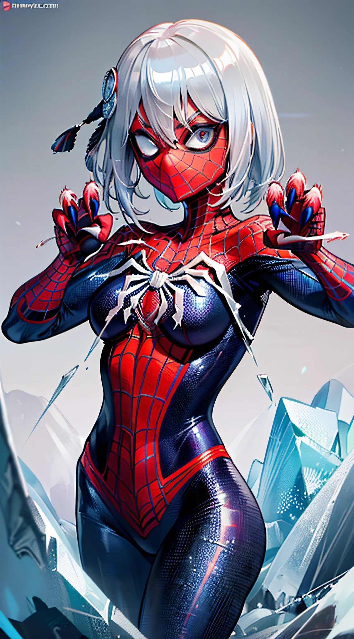 (masterpiece), (best quality), highres, kei1, 1girl, solo, ((long gray hair)), (((wears a detailed black female spiderman costume with mask and she has a battle pose with sharp claws made of ice on her fingernails and has normal person arms)))), spider web-shaped ribbon, bangs, long hair and price, collar bone, gray hair, black hair band, neck ribbon, hair between eyes, medium-sized breasts, cowboy shot, smile, (((detailed anatomically correct body with detailed hands without mistakes)), ((She has battle pose with sharp claws made of ice)), (she is shooting spider webs like spider-man but with sharp ice), (full detallado escenario)