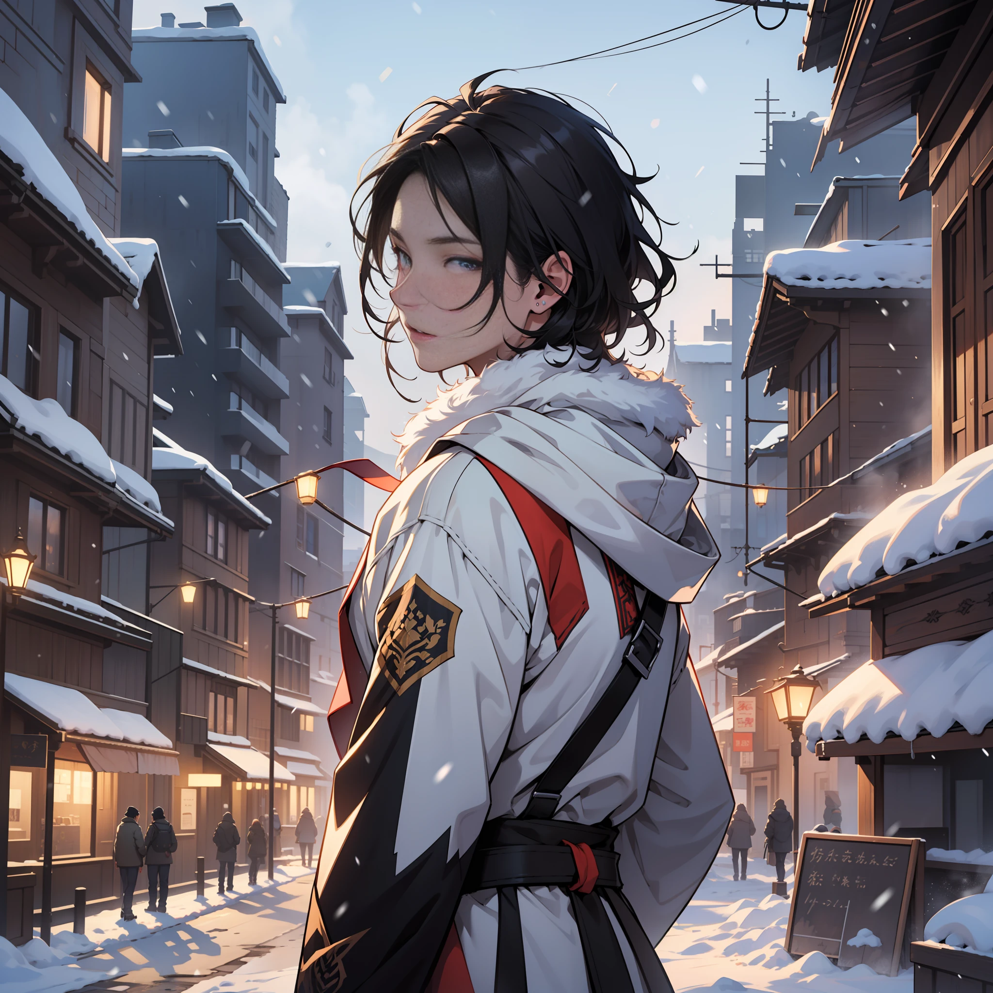 The two-dimensional ancient style boy stands in the middle of the snowy winter day, and the sky is clear. He has black hair and is dressed in gorgeous Han clothes. The image is set against a natural atmosphere, and a wide-angle lens is used to show a close-up sideways posture. His face is delicate, and the overall picture is a masterpiece. Maintain the best possible quality, fully display particle lighting effects, and render 8K wallpaper level rendering.