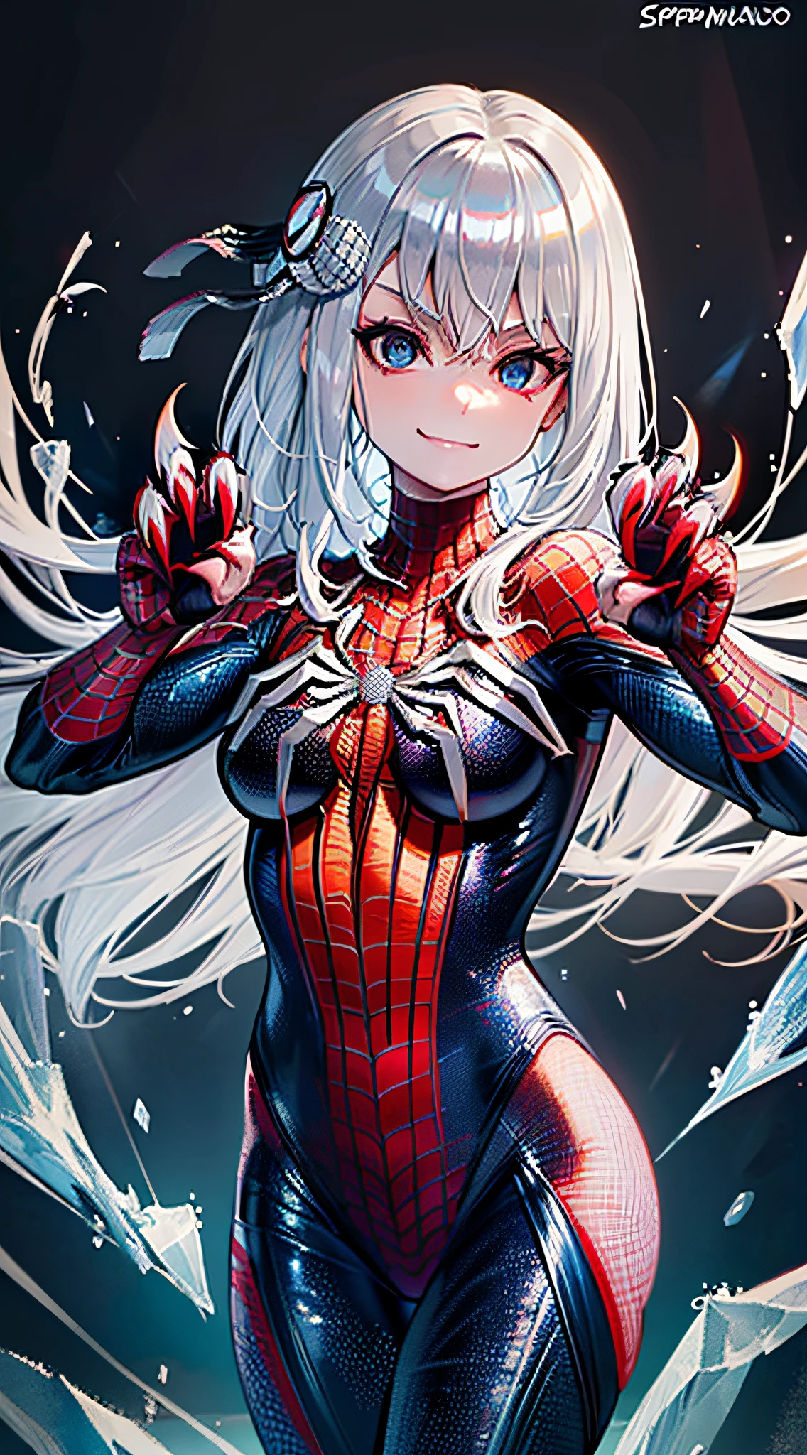 (masterpiece), (best quality), highres, kei1, 1girl, solo, ((long gray hair)), (((wears a detailed black female spiderman costume with mask and she has a battle pose with sharp claws made of ice on her fingernails and has normal person arms)))), spider web-shaped ribbon, bangs, long hair and price,  collar bone, gray hair, black hair band, neck ribbon, hair between eyes, medium-sized breasts, cowboy shot, smile, (((detailed anatomically correct body with detailed hands without mistakes)), ((She has battle pose with sharp claws made of ice)), (she is shooting spider webs like spider-man but with sharp ice), (full detallado escenario)