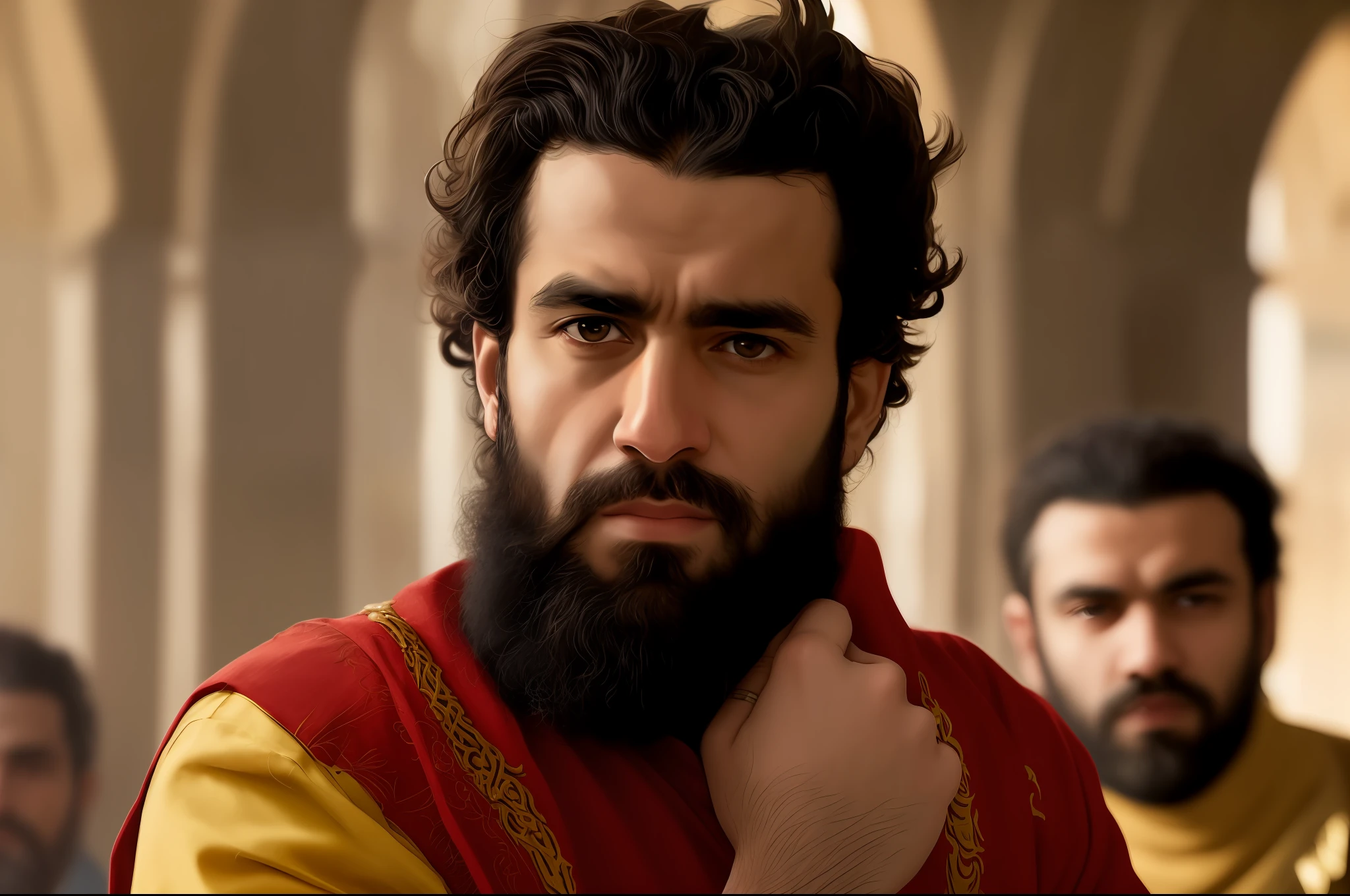 a closeup of a man with a beard and red shirt, dorne, inspired by Osman Hamdi Bey, red cloth around his shoulders, saadane afif, with leonid beard, as a medieval fantasy character, Berber clothes, mogul khan, shallan davar, hicham habchi, megalithic, mo salah, There is a man with a short beard and in, holding a book epic cinematic filmed portraits,  8K Shot Soft Portrait, 4K Color Photography Portrait, 8K Artistic Portrait Photography, Cinematic Portrait, Highly Detailed VFX Portrait, 4K Portrait Photography, 8K Portrait Shot, Cinematic Realistic Portrait