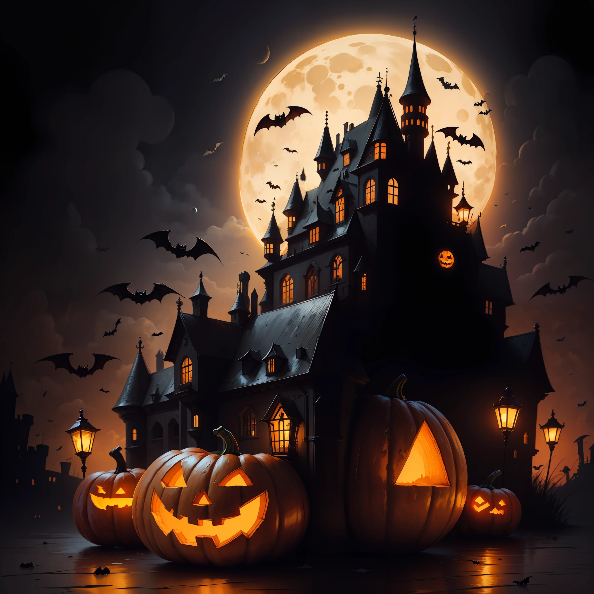 illustration, halloween, dark background, moon, pumpkin, bat, castle, watercolor, --auto