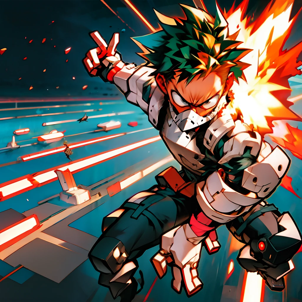 bakugo, fusion with deku, boku no hero, futuristic mechanical suit, 4K, explosions, standing, pose, sharpness, angry, crazy, perfect proportions, ray tracing, wide shot, alone