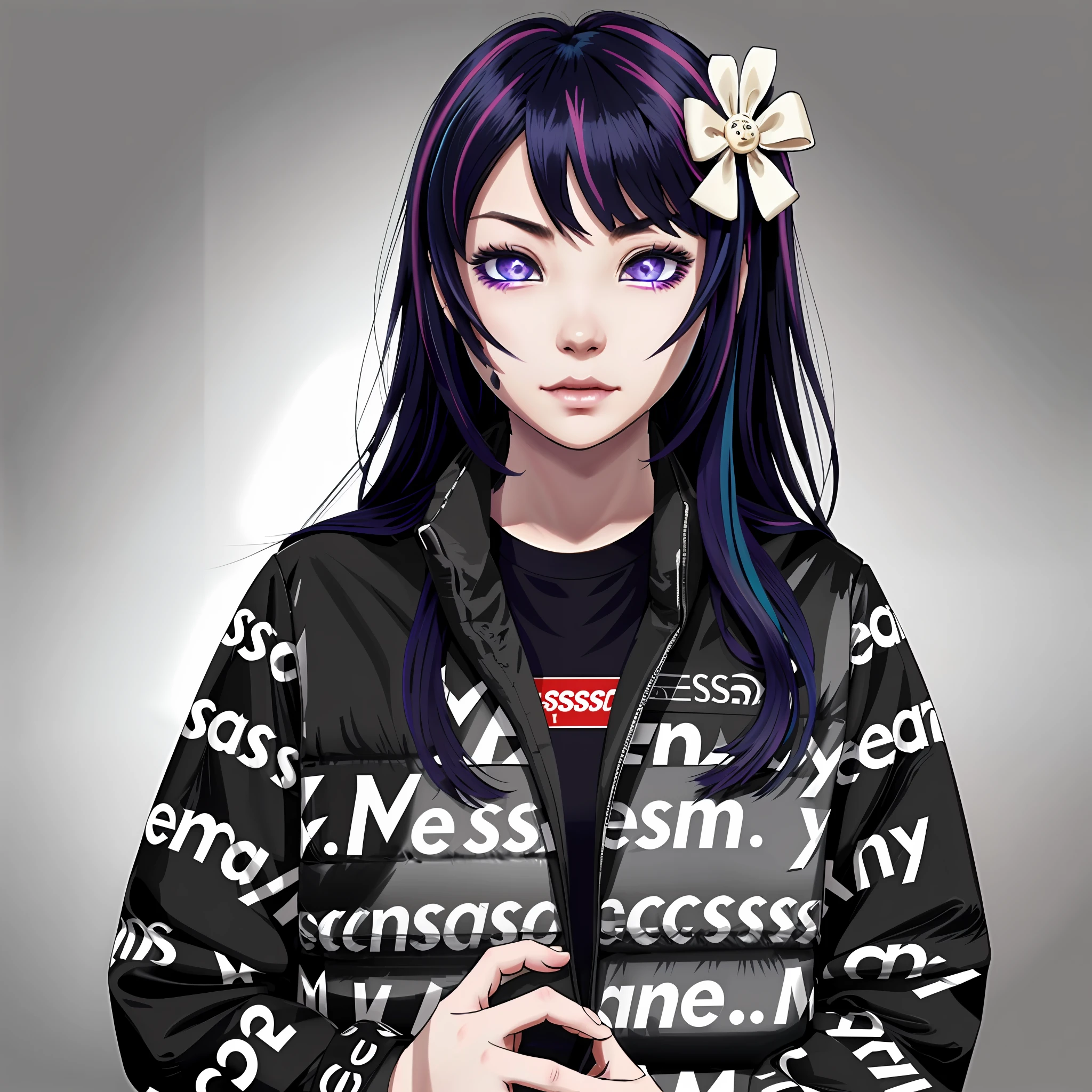 dripjacket own hands together, 1girl, solo, Hoshino Ai, long hair, purple hair, streaked hair ,purple eyes, star-shaped pupils, hair ornament,