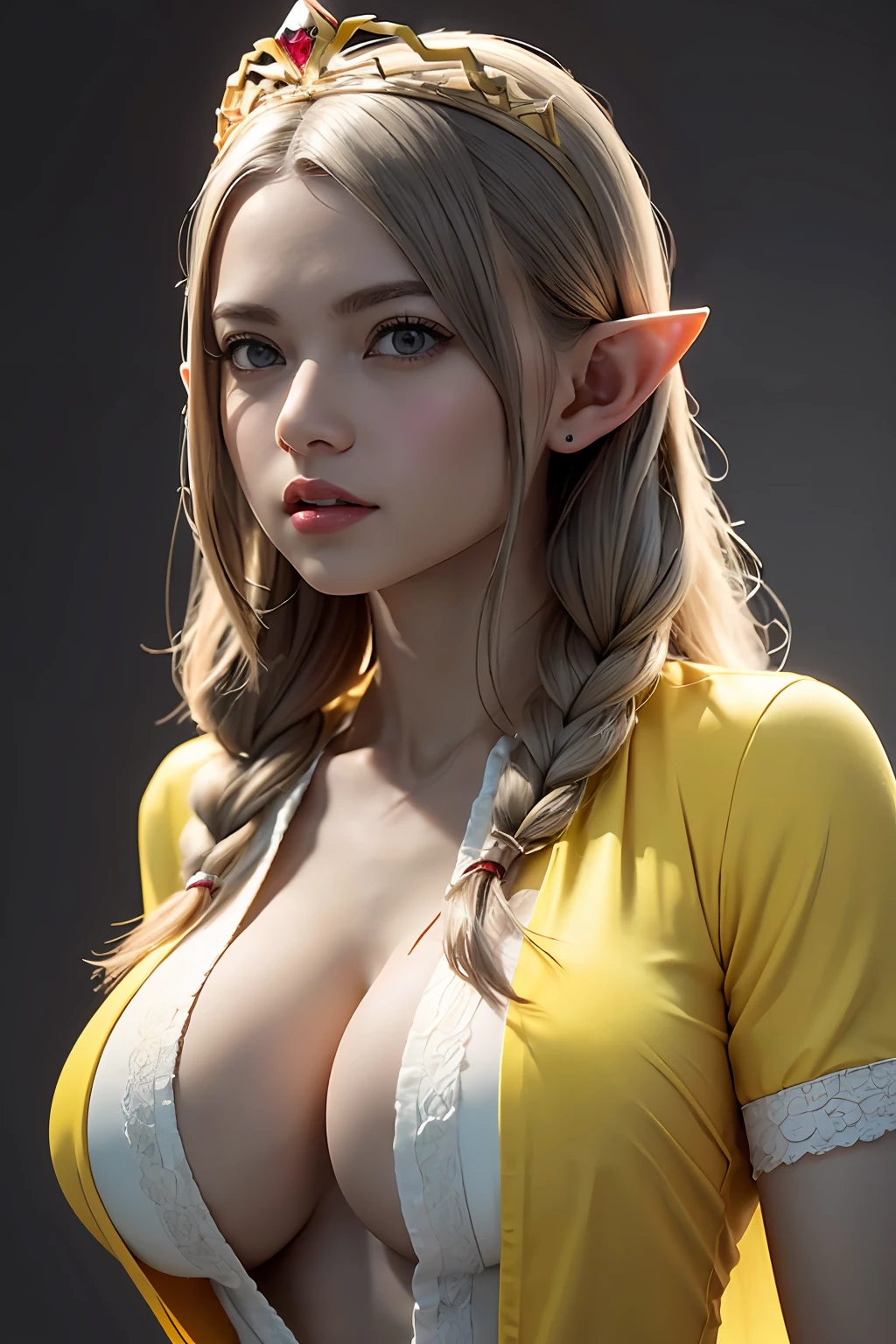 Ultra-detailed complex 3D rendering of face, (Colossal: 8.8), (masterpiece, top quality, octane rendering, 8K), glamour shot full body image, very beautiful young elf, cleavage, (very detailed skin: 1.2), (exposure: 1.1), blonde, ((wearing a plummeted open shirt of yellow silk: 1.5)), beautiful Caucasian woman with full soft breasts and white skin with big ass, 1 person, long braided hair, big breasts, dynamic angle, mystical expression, ultra-realistic photos, (((((portrait))), bare feet, futuristic urban background, facial muscles, detailed and beautiful queen crown, in the style of Marvel Comics, ArtStation trends, clear focus, studio photography, intricate details, very detailed, detailed red eyes, very detailed, Sharp Focus, Digital Rendering, Professional, Abs, Dark Grey Background, Shot with Canon EOS R 6, ((Sexy Pose)))), Seductive look, legs open with thighs,