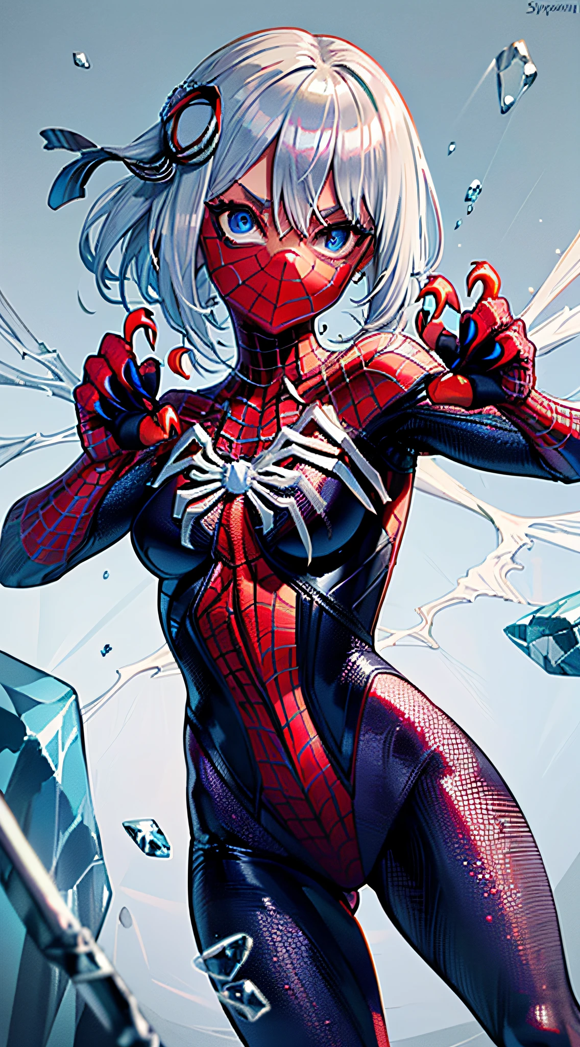 (masterpiece), (best quality), highres, kei1, 1girl, solo, blue eyes, (long hair), (((wears a detailed black female spiderman costume with mask and she has a battle pose with sharp claws made of ice on her fingernails and has normal person arms))), spider web-shaped ribbon, bangs, long hair and price,  collar bone, gray hair, black hair band, neck ribbon, hair between eyes, medium-sized breasts, cowboy shot, smile, (((detailed anatomically correct body with detailed hands without mistakes)), ((She has battle pose with sharp claws made of ice)), (she is shooting spider webs like spider-man but with sharp ice), (full detallado escenario)