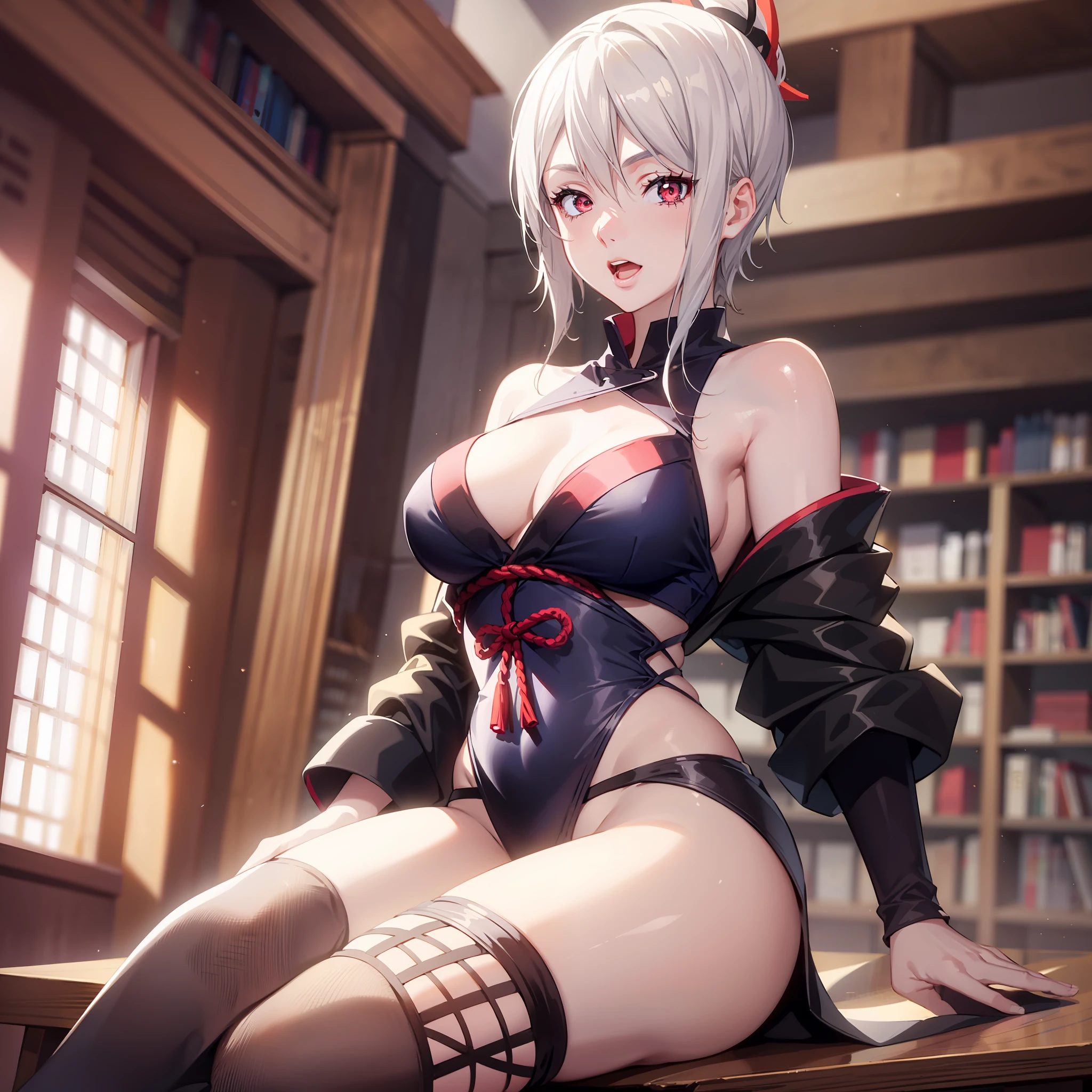an attractive girl, sitting in a library, perfect body, with samurai clothes, neckline., white hair, eye reflection, open mouth, light smile, modern, anime, ray tracing, f/1.2, rounded corners, cropped, close-up, UHD, high details, 4K