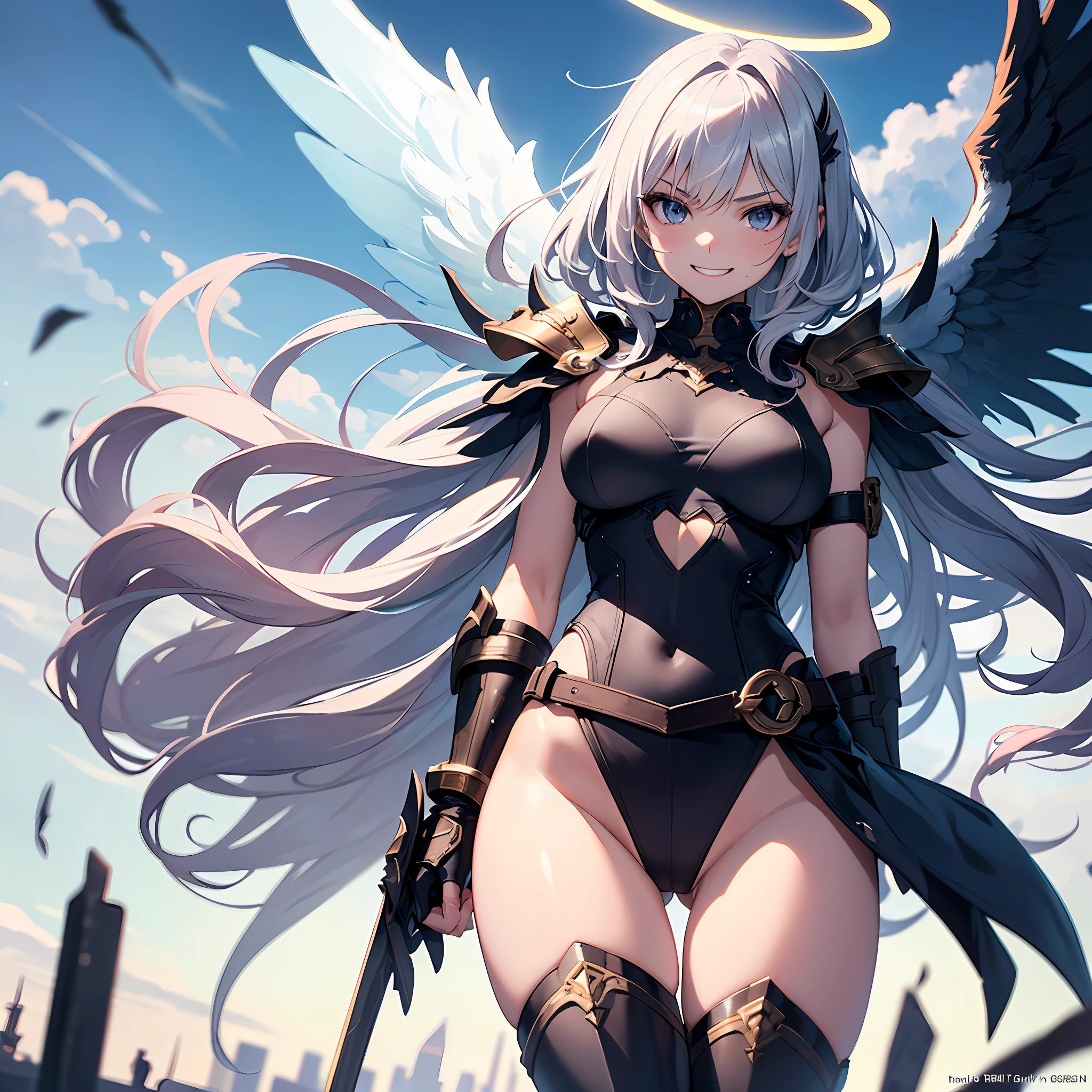 fantasy, 1angel_girl,child, loli,, medium_bob_hair, long_bangs, halo,bare_shoulder,thighhighs,silver_armor, waist_armor, large_breasts,angry,smile, grin,shiny_teeth,1pair_wings, dynamic_ pose_fighting,floating, bare_crotch, covered_nipples, covered_pussy,headgear,gauntlet, greaves,city_sky_background,slightly_spread_legs, solo, groin_naked,(masterpiece, best quality, best quality, official art, beautiful and aesthetic:1.2), (1 girl), very detailed,