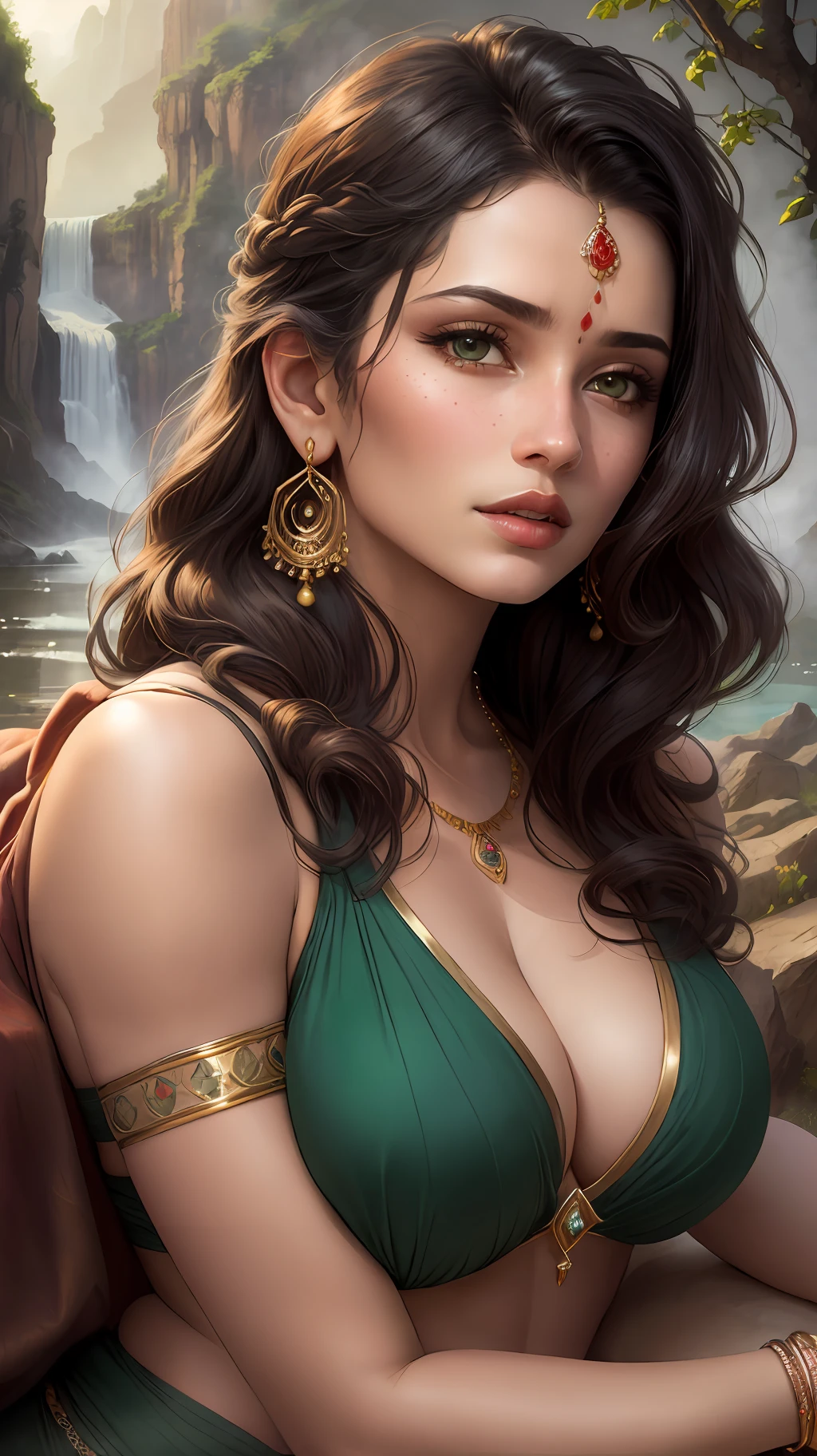 ((realistic:1.5)),((best quality)), ((masterpiece)),((detailed)), (1girl), {a beautiful female wearing a Sari}, (upper body:1.3),super-wide-angle lens,face focus, mature,sexy,toned muscles,long legs,curvy, barefoot, oversized firm breasts, open cleavage, drooping breasts, thick thighs,wide hips, thin legs, green eyes,long black hair,floting hair,long eyelashes, (detailed face,beautiful eye, detailed pupilss,detailed clothes features, clear background:1.3), (Bindi,Jhumkas:1.3), (Armlet, Haar, Payal,Maang Tikka,Jhumkas,Kamarband,Bangles:1.3), mysterious ancient ruin, lush forests, deep canyons,bridge,river,cliff,cloud, lakes,rock,waterfalls, flowers, grass, fog,vine,tree, smoke, best shadow,bright details,sharp,perfect composistion, Intricate, Sharp focus, dramatic, by Frank Frazetta,by Julie Bell,by Olivia De Berardinis,by Luis Royo,by boris vallejo, (specular lighting:1.3),rim light, princesses, playing, princesses playing with water, royal skimpy underwear, random red/gold color, laying on the floor, spooning her friend, thirsty face, erotic face, lips open, almost undressed, underwear slid down, attended by servants, armed bodyguard, servant, gasping, breathing hard, fist clenched, visible slit, dynamic poses