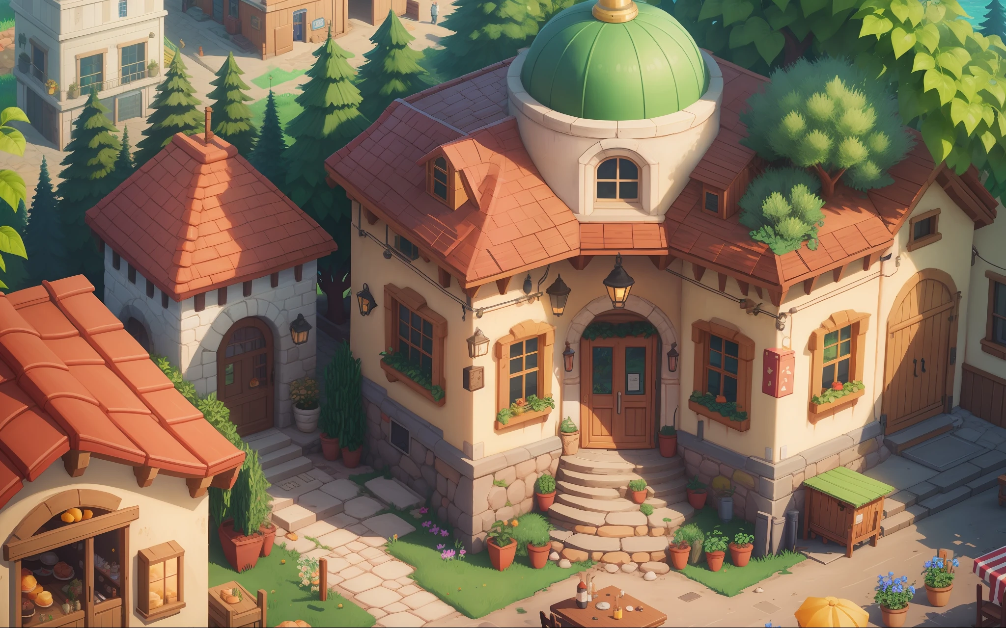 Stardew Valley style, brilliant colors, axonometry, restaurant room
