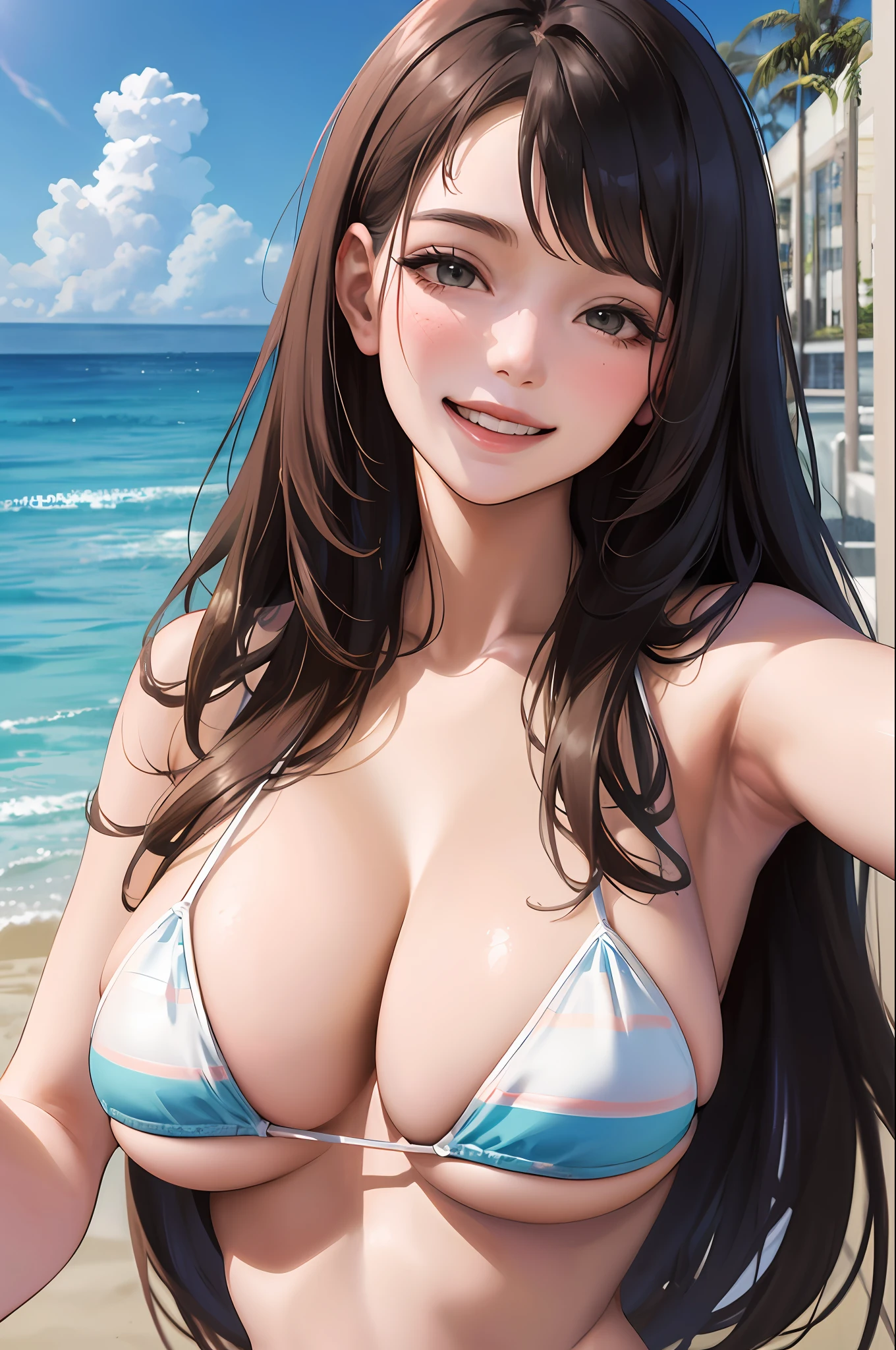 Realistic, 2  girls, body close, selfie, bikini wearing, big breasts, face smile
