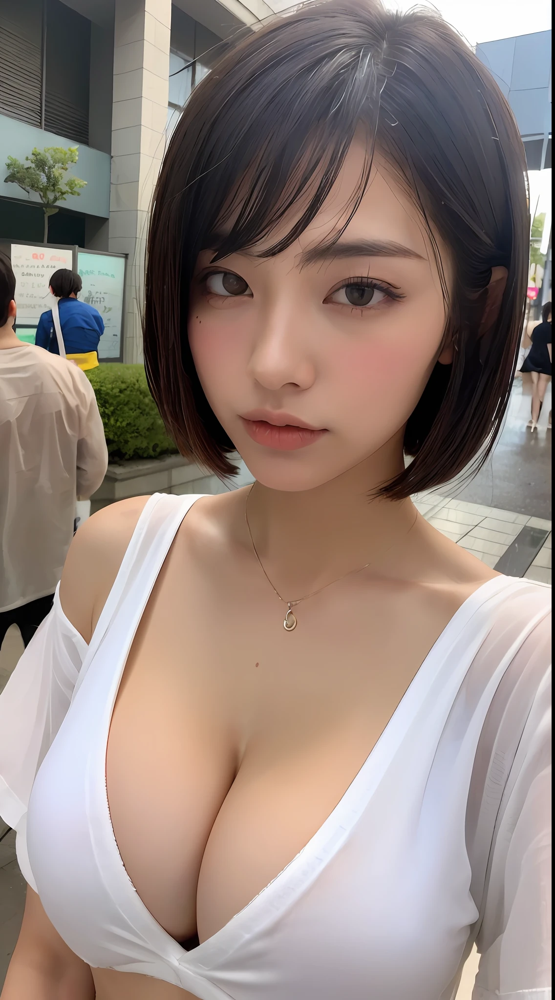 ((top quality, 8k, masterpiece: 1.3)), Sharp focus: 1.2, Beautiful woman with perfect body: 1.4, slim abdomen: 1.2, (((layered haircut, big: 1.2)), (no bra) (small and beautiful hard (Fluffy shirt: 1.1), (white shirt wet from rain), (Rain, street: 1.2), Wet body: 1.1, highly detailed face and skin texture,  detailed eyes, double eyelids, tanned skin, sexy, tanned, dark skin, tanned body, exposed shoulders, cleavage, tokyo, michi