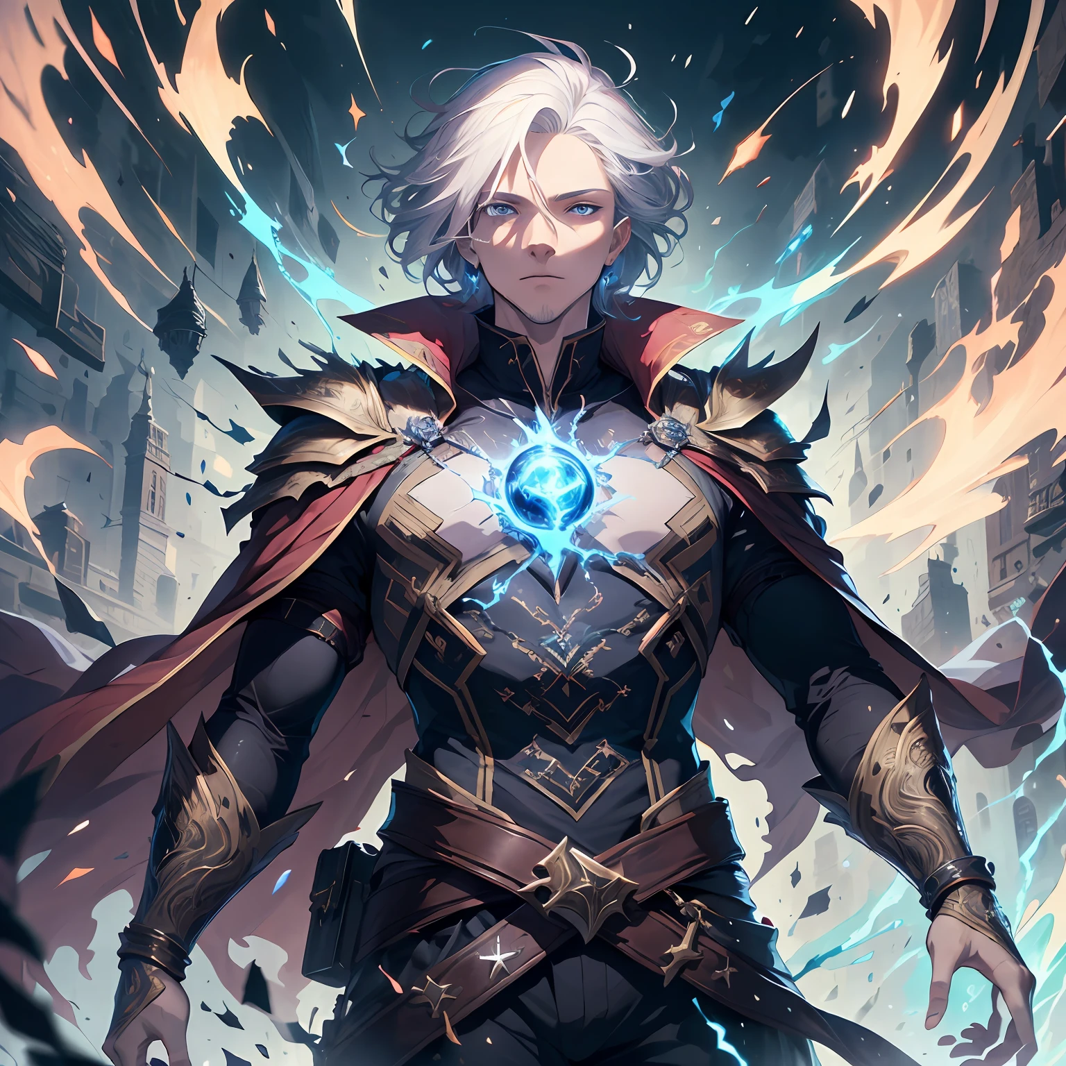 (ridiculous, high resolution, super detailed), masterpiece, best quality, a man dressed in black and a red cape, lightning magic, nine heavenly thunder, official character art, short hair, white hair, blue eyes, fine eyes, detailed face, detailed hair, system, from below, looking down, cowboy shot,
