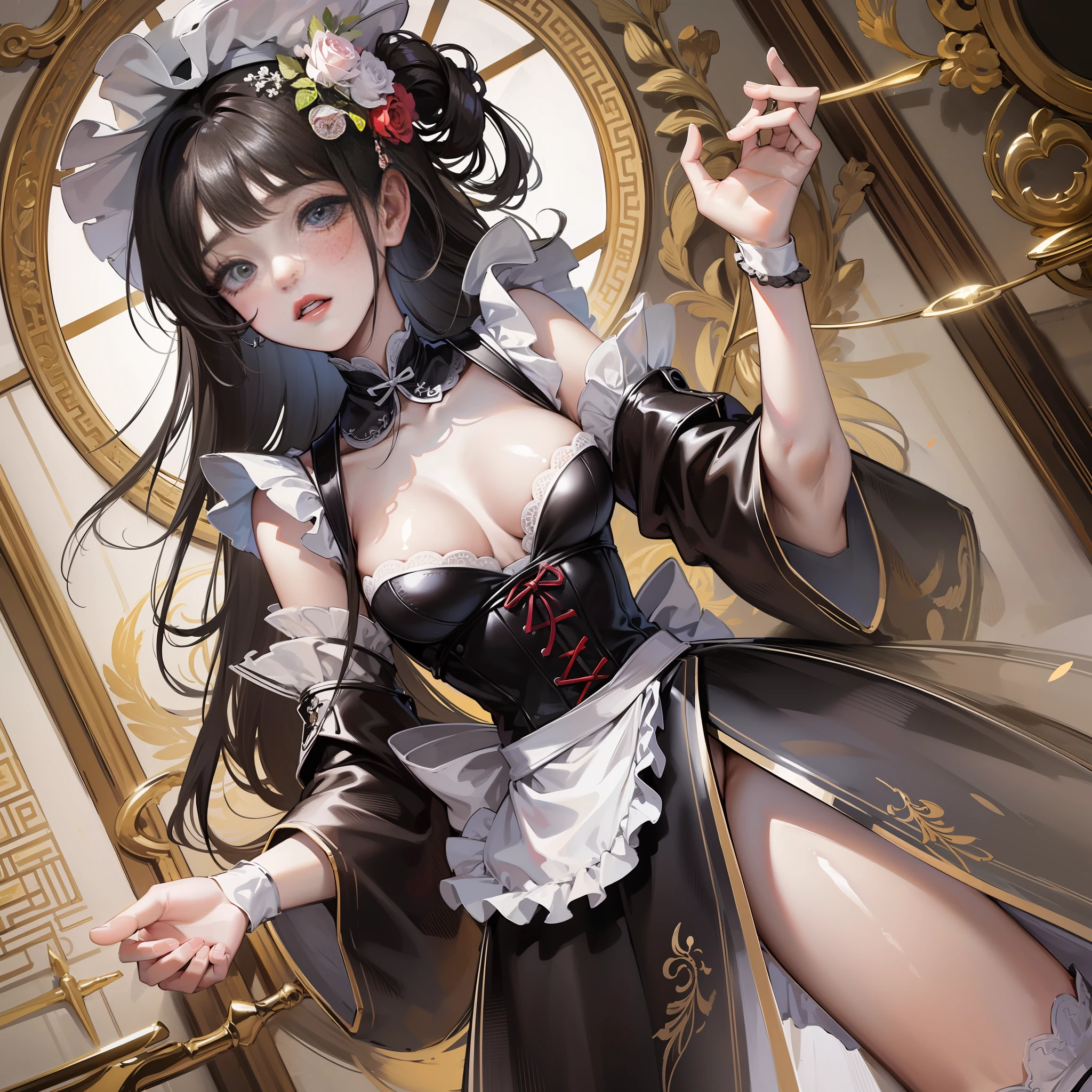 delicate, masterpiece, beautiful detail, colorful, exquisite detail, detailed lips, intricate details, 1 girl, solo, black hair, wearing maid, beautiful face good-looking, big breasts, small waist, big buttocks, revealing dress, full body, maid hat, bowing to guests, solo,  stay in maid café, Chinese, long hair, beautiful body , mắt đỏ