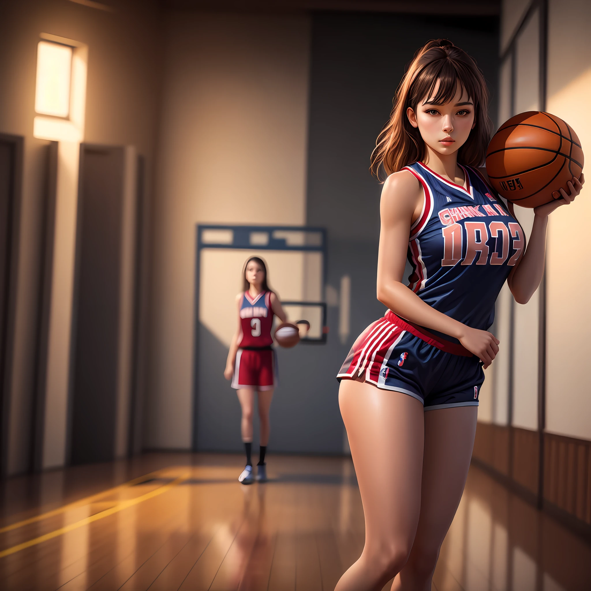 (digital painting),(best quality), 8k ultra-realistic, soft lighting,tranquil atmosphere, 1beautiful girl,basketball uniform,large breasts,narrow waist,nice legs,basketball venue,