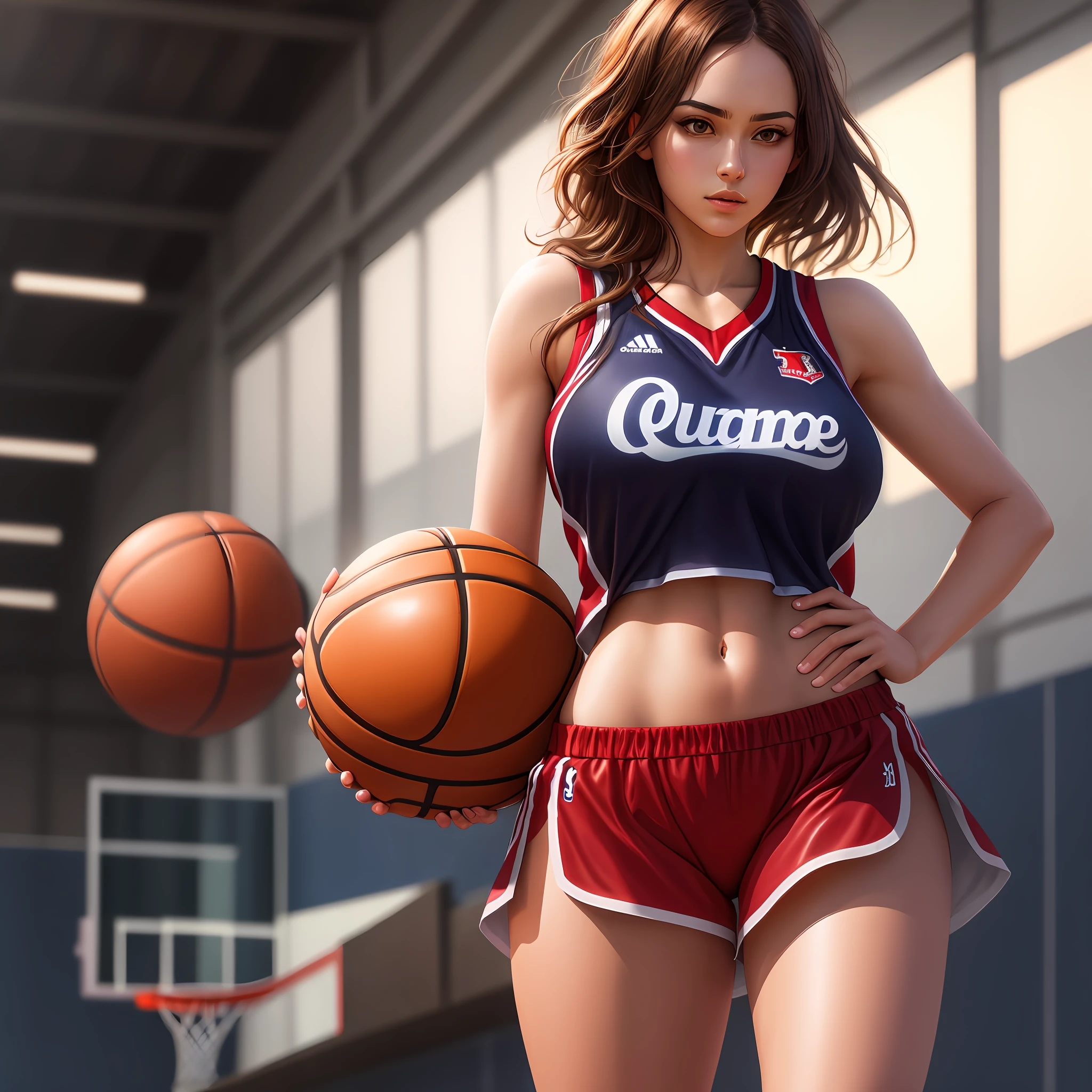 (digital painting),(best quality), 8k ultra-realistic, soft lighting,tranquil atmosphere, 1beautiful girl,basketball uniform,large breasts,narrow waist,nice legs,basketball venue,