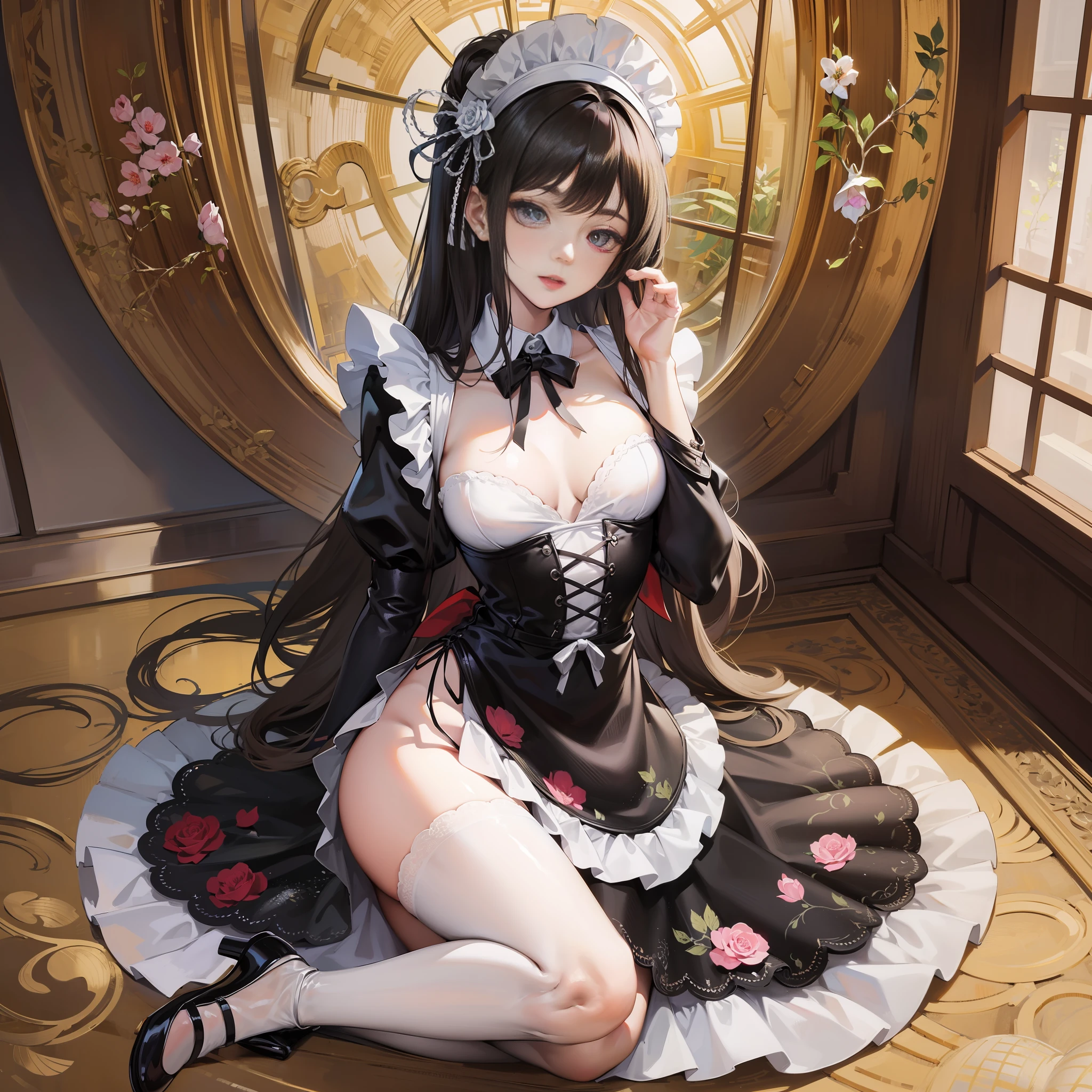 delicate, masterpiece, beautiful detail, colorful, exquisite detail, detailed lips, intricate details, 1 girl, solo, black hair, wearing maid, beautiful face good-looking, big breasts, small waist, big buttocks, revealing dress, full body, maid hat, bowing to guests, solo,  stay in maid café, Chinese, long hair, beautiful body , mắt đỏ
