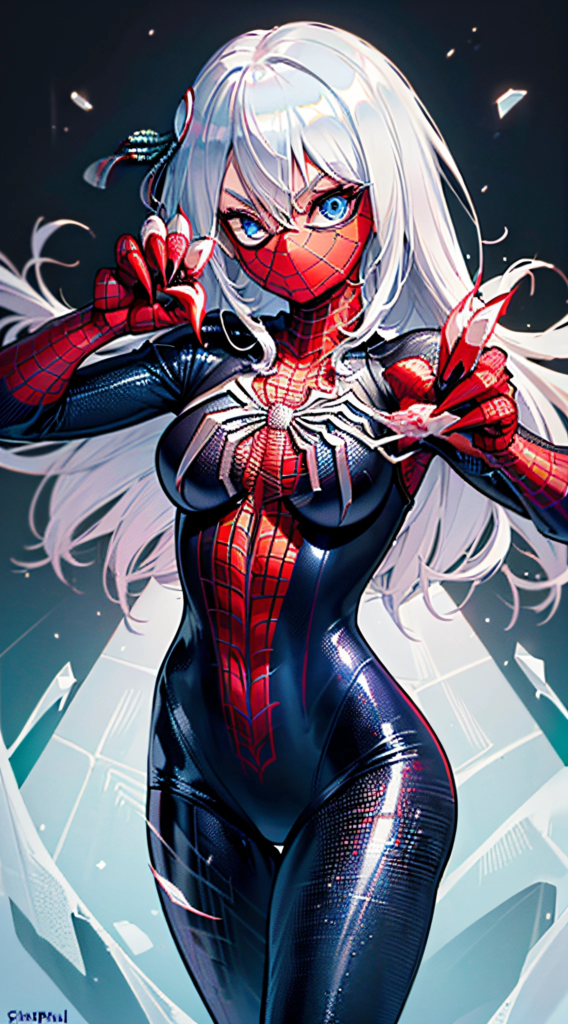 (masterpiece), (best quality), highres, kei1, 1girl, solo, blue eyes, (long hair), (((wears a detailed black female spiderman costume with mask and she has a battle pose with sharp claws made of ice on her fingernails and has normal person arms))), spider web-shaped ribbon, bangs, long hair and price, collar bone, gray hair, black hair band, neck ribbon, hair between eyes, medium-sized breasts, cowboy shot, smile, (((detailed anatomically correct body with detailed hands without mistakes)), ((She has battle pose with sharp claws made of ice)), (she is shooting spider webs like spider-man but with sharp ice), (full detallado escenario)