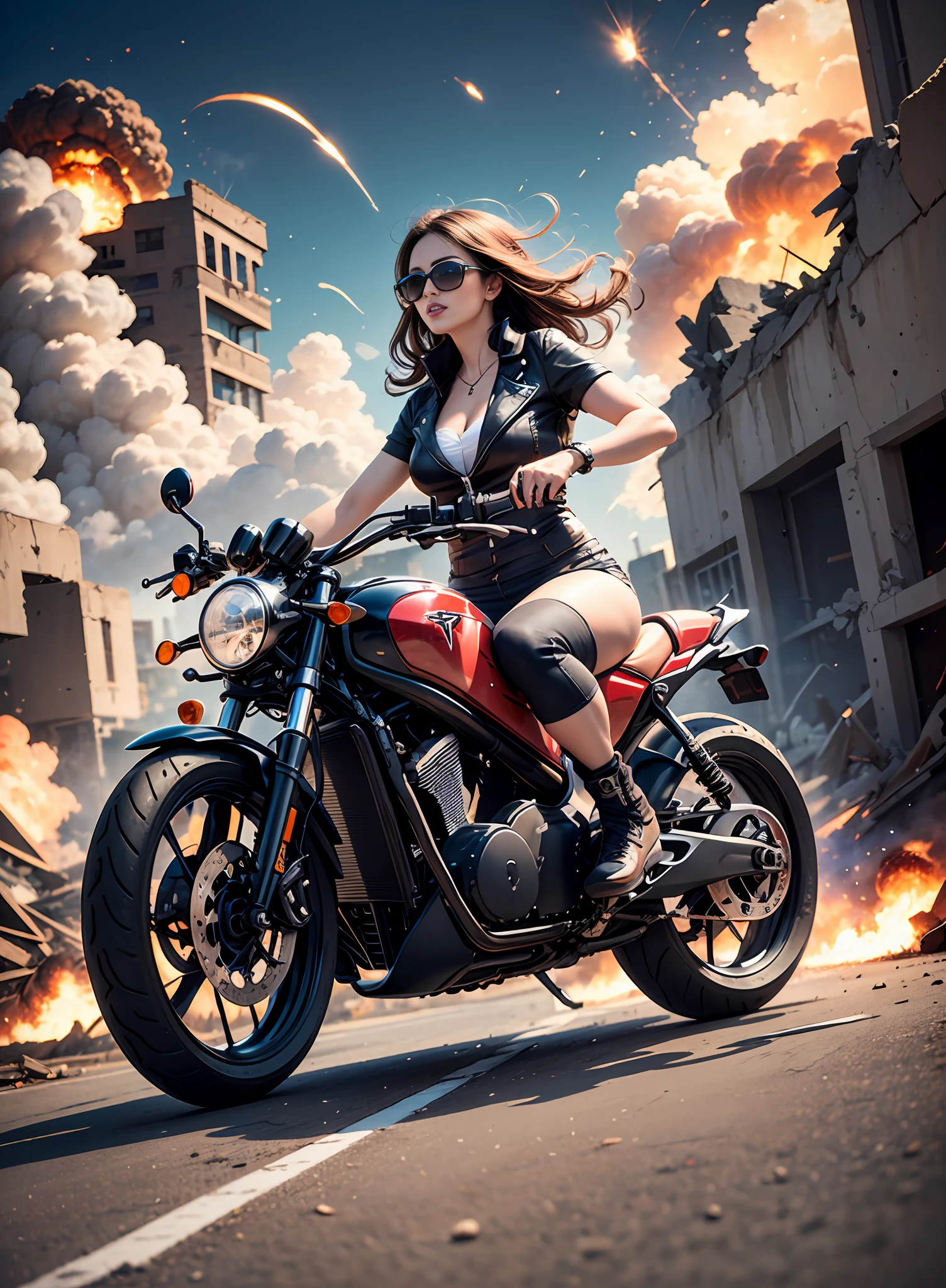 Big-chested woman, sunglasses, drives Tesla motorcycle, with explosions behind, in the ruins, frontal view