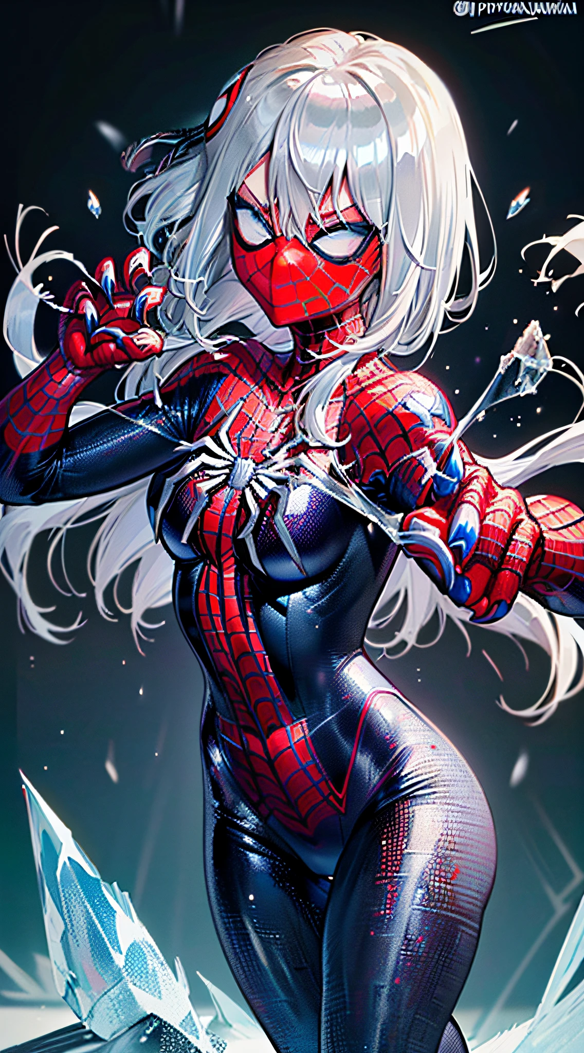 (masterpiece), (best quality), highres, kei1, 1girl, solo, blue eyes, long hair, ((((wears a detailed black female spiderman costume with mask and she has a battle pose with sharp claws made of ice on her fingernails and has normal person arms))), spider web-shaped ribbon, bangs, long hair and price, collar bone, gray hair, black hair band, neck ribbon, hair between eyes, medium-sized breasts, cowboy shot, smile, (((detailed anatomically correct body with detailed hands without mistakes)), ((She has battle pose with sharp claws made of ice)), (she is shooting spider webs like spider-man but with sharp ice), (full detallado escenario)