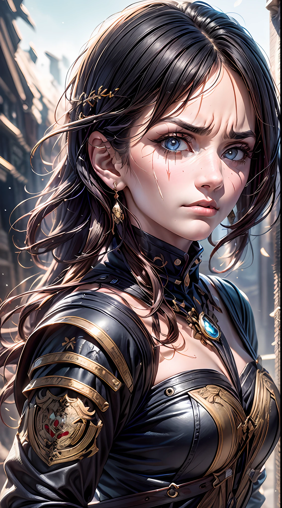 Zooming in on a young woman within the medieval setting, her presence commands attention. A prominent scar marks her face, a testament to her resilience and battles fought. Her expression is one of anger and severity, her gaze piercing and furious. The details of her scar are impressive, showcasing the intricate lines that tell a story of hardship and strength. She dons medieval attire, with leather clothes that exude a sense of ruggedness and practicality. A bow rests in her hand, a symbol of her skill and determination. The camera captures the impressive details of her scar, the intensity in her eyes, and the intricate textures of her clothing. The atmosphere surrounding her is charged with a mix of defiance and fury. Photography, using a portrait lens with a focal length of 85mm to capture the fine details