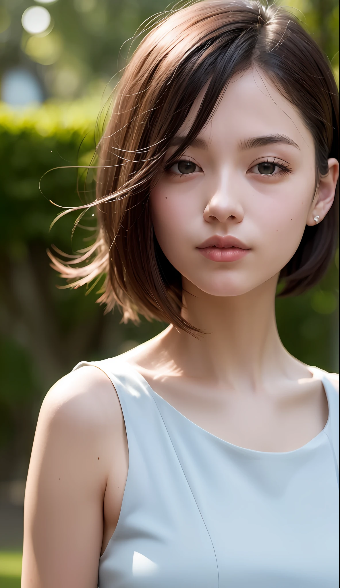 (RAW photo, highest quality), (realistic, photorealistic: 1.3), highest quality, masterpiece, very delicate and beautiful, highly detailed, CG, unity, 2K wallpaper, wonderful, beautiful in detail, masterpiece, light smile, highest quality, highly detailed CG Unity 8k wallpaper, huge file size, super detailed, high resolution, very detailed, single woman, slim body, small, Sleeveless light blue dress, (brown hair), upper body, pureerosface_v1:0.8 short hair, looking at the viewer gently,