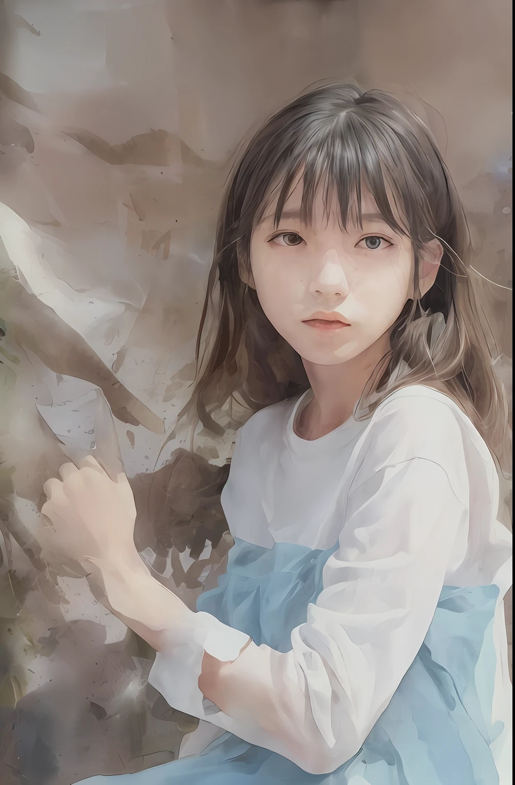 (Masterpiece, Real: 1.4), (Very complex: 1.2), (Upper body: 1.2), (From the front: 1.3), in silk underwear (light blue), shoulder straps hanging on one arm with one shoulder strap, long hair, chest, hotel, looking at the viewer, the expression is a little embarrassed Japan about 17 years old, fashionable makeup, head tilted, sitting in the middle of the bed of the hotel's elegant snow-white sheets, 1 girl, solo, Ultra High Resolution, 8K UHD, Film Grain, Perfect Anatomy, Exquisitely Detailed Skin, Best Shadows, Delicate, High Resolution