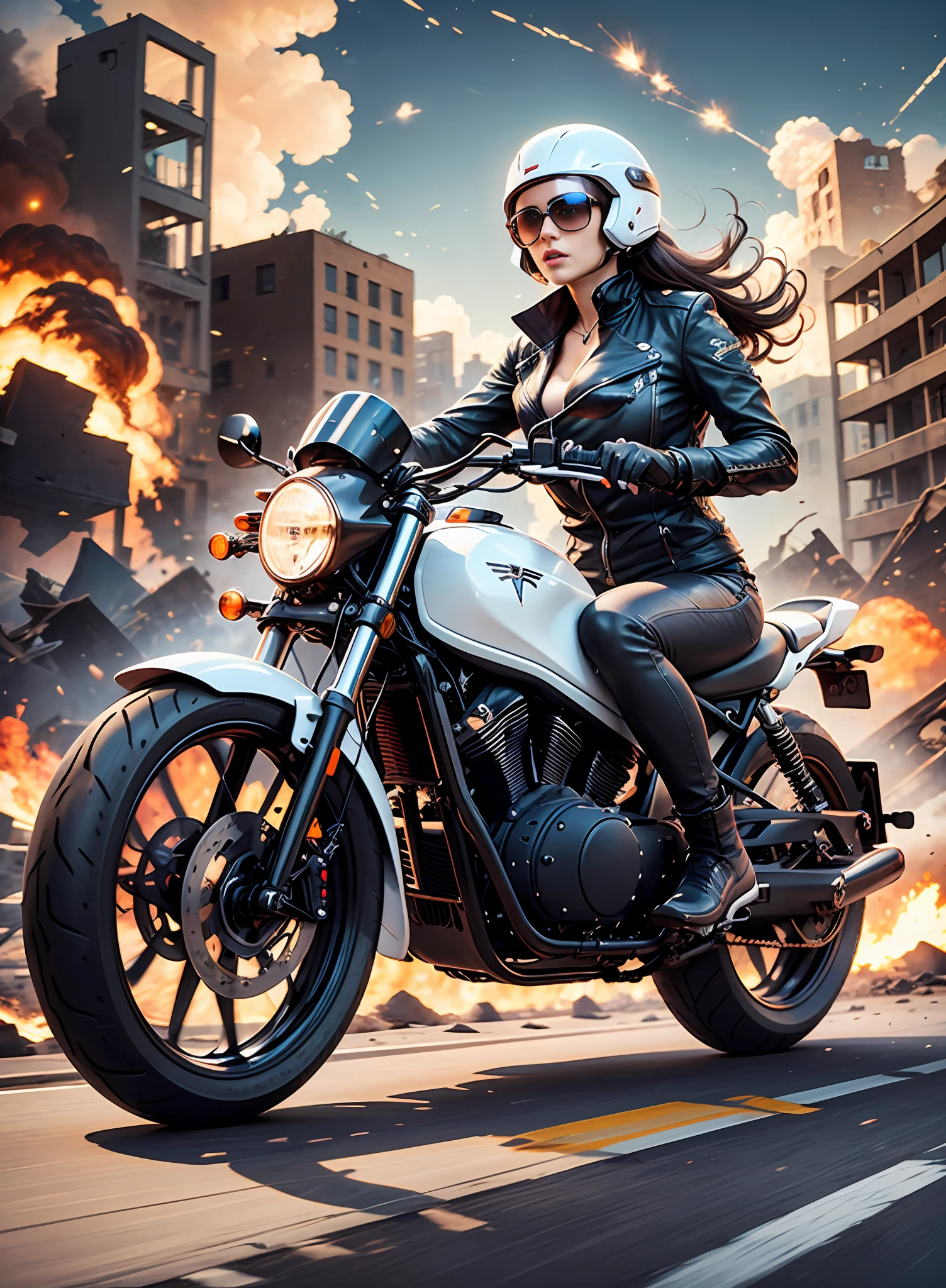 Big-chested woman, sunglasses, drives Tesla motorcycle, with explosions behind, in the ruins, frontal view