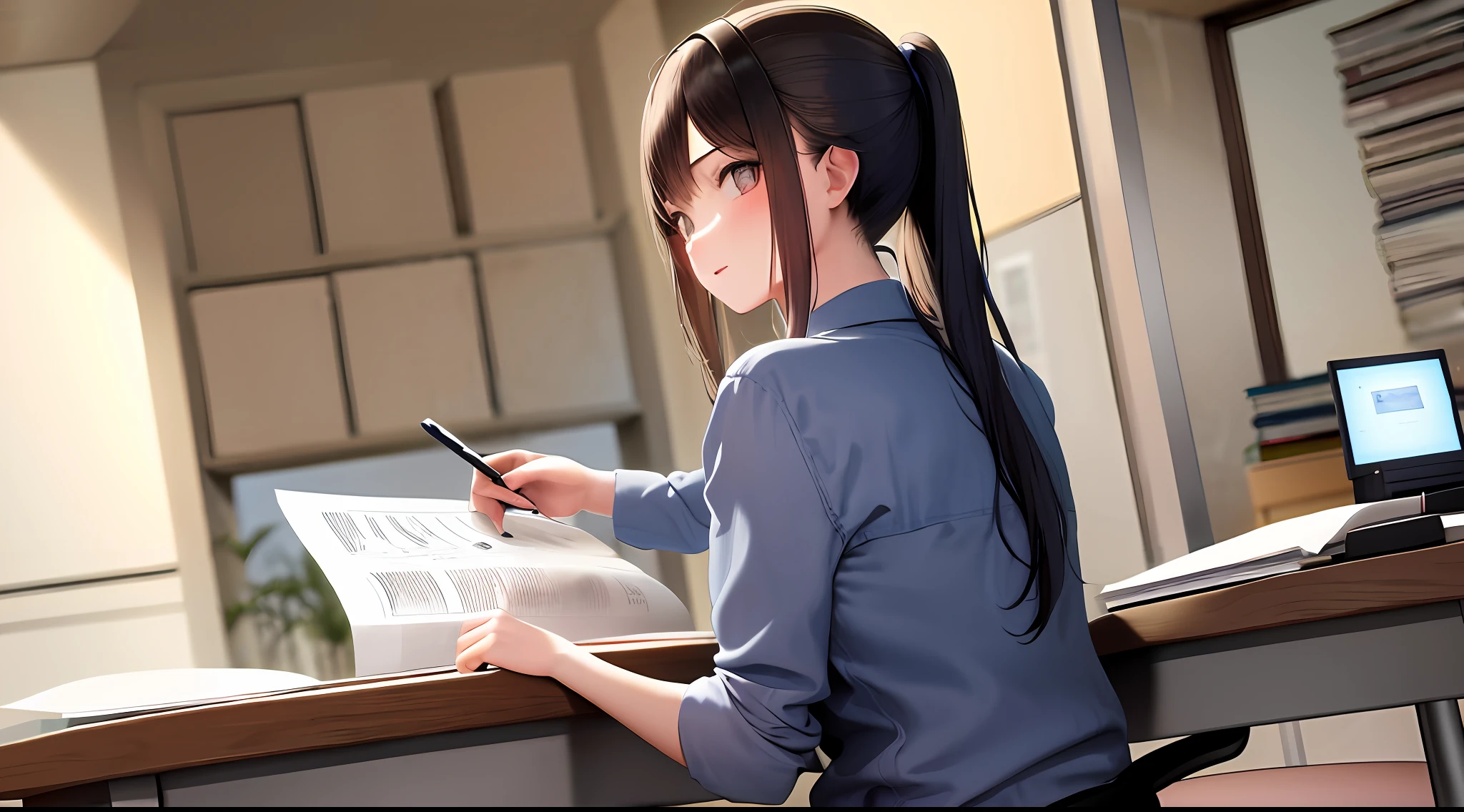 masterpiece, best quality, high resolution, 1girl, shirt, girl sitting on chair studying drafting at desk, horizontal angle, studying, high ponytail, documents